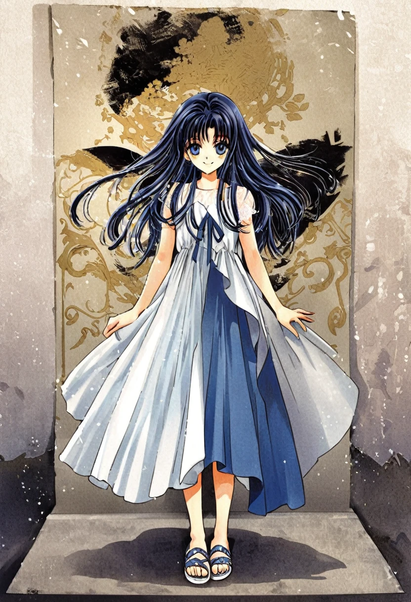 very cute 14-years-old french girl, chic light blue dress with lots of classic French white and dark blue details, loose hair, trendy women's sandals, welcoming smile, high detailed, 4K, front view, full body, CLAMP art style