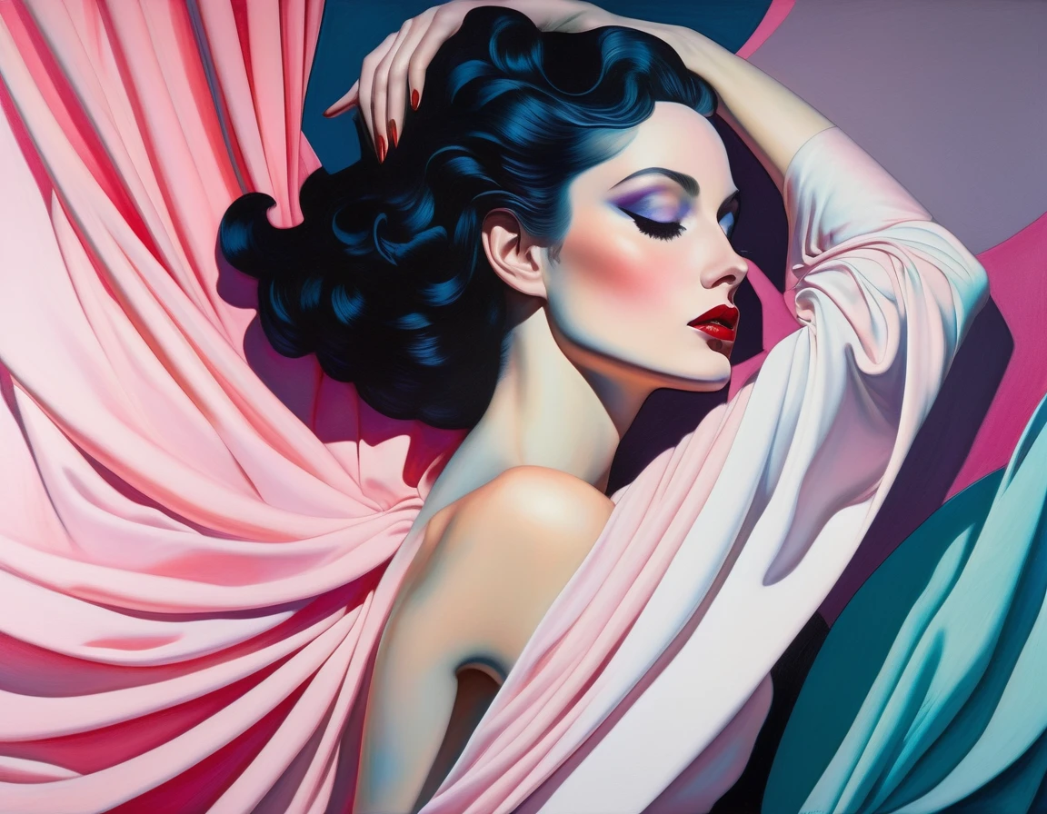 chiaroscuro technique on sensual illustration of an elegant 1980s woman, vintage beauty, eerie, the model draped in flowing, thick oil painting, by Hannah Dale, by Harumi Hironaka, extremely soft colors, vibrant, highly detailed, malcolm liepke painting, oil on canvas,  high contrast, dramatic, refined, tonal, Create high contrast between light and shadow