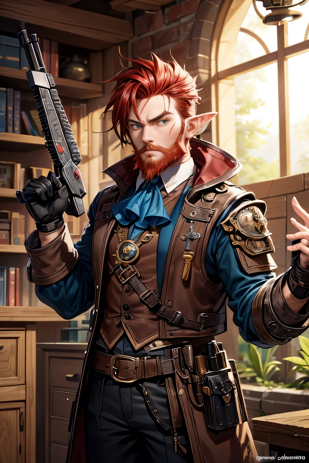The character is a young Kliren, a hybrid race of gnome and human, with traits reflecting the intelligence and ingenuity of both races. He stands at approximately 168 centimeters tall, with a youthful and expressive appearance. His hair is of a vibrant shade of red, short and well-groomed. The face presents distinct features, with a gnome-style red beard emphasizing his heritage. His eyes are lively and expressive, revealing his cunning and determination.
The character wears a steampunk outfit with medieval fantasy details, blending style and functionality. A round monocle adorns one of his eyes, giving him an air of intellectuality and sophistication. Additionally, his pointed ears, typical of the Kliren race, are visible, highlighting his hybrid nature.
On his back, he carries two distinct weapons: a giant steampunk firearm, indicating his proficiency with advanced mechanical devices, and a medieval fantasy sniper, showcasing his skill in long-range combat.
In addition to his weaponry, one of his hands is a mechanical prosthesis, a testament to his expertise in crafting and engineering.
Complementing his appearance, he carries an array of steampunk gadgets and fantastic technological equipment, evidencing his prowess as a skilled artificer and inventor.
