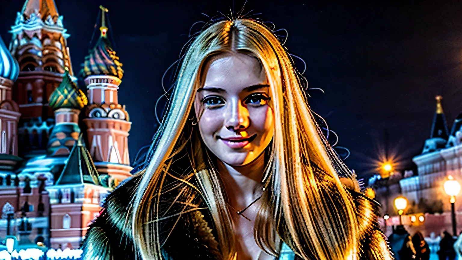 Photo of a 20-year-old Russian girl, Raw beautiful Russian woman, (Blonde with long straight hair), ((Portrait)), ((Detailed face:1.2)), ((detailed facial features)), (finely detailed skin), pale skin,Clothes with fluffy cleavage visible、A sexy(cold color), moist, Reflectors, (masutepiece) (perfectly proportions)(photos realistic)(Best Quality) (Detailed) photographed in a Canon EOS R5, 50mm Lens, F/2.8, nffsw, (Grinning)Smiled、 (Wallpaper) (Cinematic lighting) (Dramatic Lighting) (sharp focus) (Convoluted) Standing in a fur coat、moscow、Red Square、nighttime scene、Full Body Photo Standing、Fashion show Moscow、Light up Vasilii Cathedral