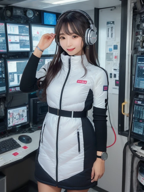 masterpiece, highest quality, Very detailed, 8K Portrait,Japanese Android Girl,plump , Control panel,Robotic arms and legs, Blunt bangs,,break (Metallic Gray, Metallic luster, Mirror finish, Astro Best):5,headphone:5,break (Black sleeves):100,Smart Watches,Futuristic space station,Control Room,break headphone,blue eyes,(Black Hair):2,(Long Hair):1.3,View the viewer,(respirator),break blush:3,Hidden Hand,smile