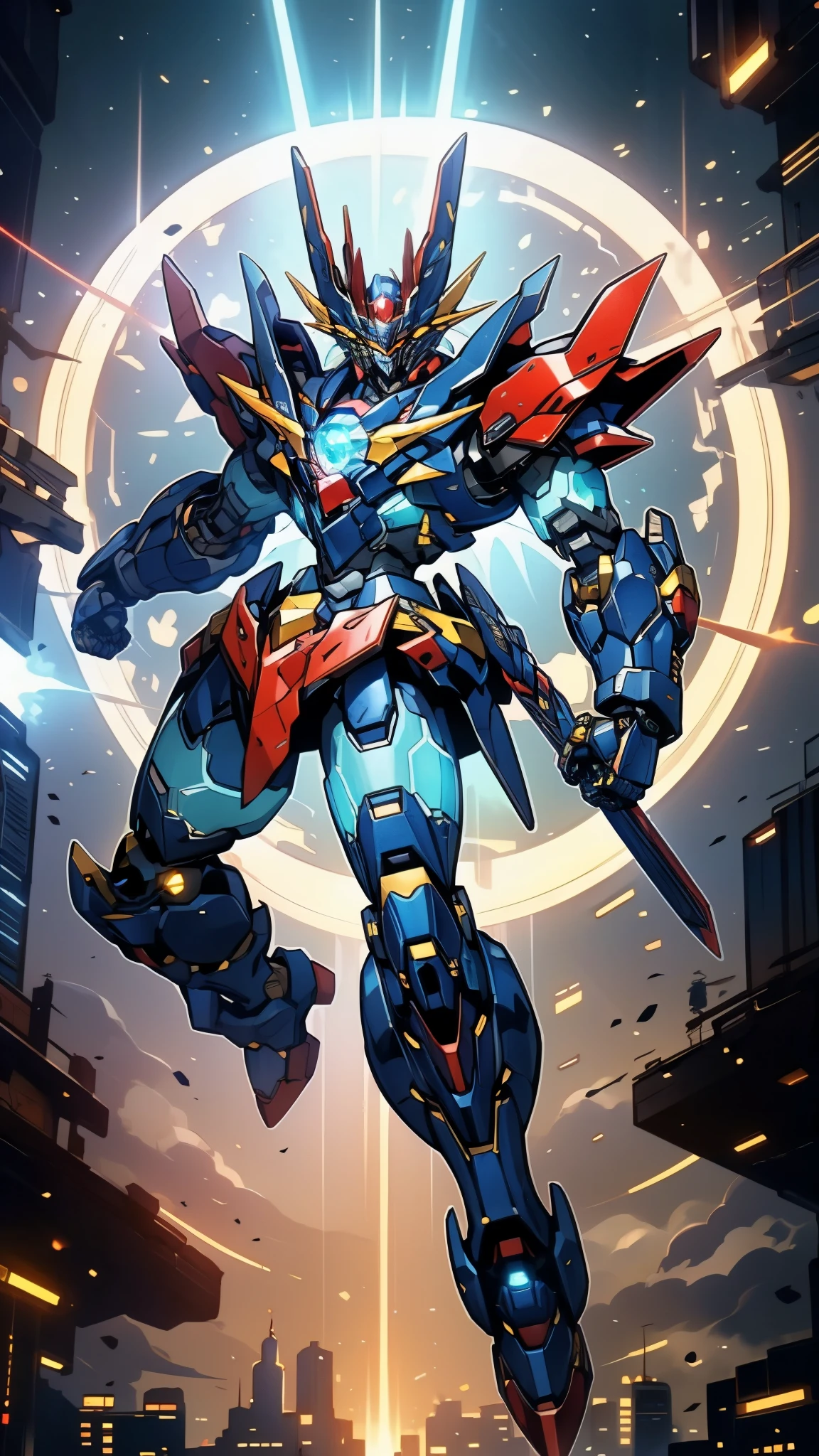 Humanoid Mecha, fully enclosed shoulder guards, matching arm and leg guards, full body, full armor, super robot, the design balances heavy with agility, (the color scheme is primarily white with red and blue accents, the concept Inspired by super robot, Dragon concept chest armor, pose, standing, floating high above the futuristic sci-fi city), exquisite and mature art style, (aura effect, energy, glowing eyes, the armor glows), ((SRS)), metallic, dramatic, high definition, best quality, highres, ultra-detailed, ultra-fine painting, extremely delicate, professional, perfect body proportions, anatomically correct, symmetrical face, extremely detailed eyes and face, high quality eyes, creativity, RAW photo, UHD, 32k, Natural light, cinematic lighting, masterpiece-anatomy-perfect, masterpiece:1.5