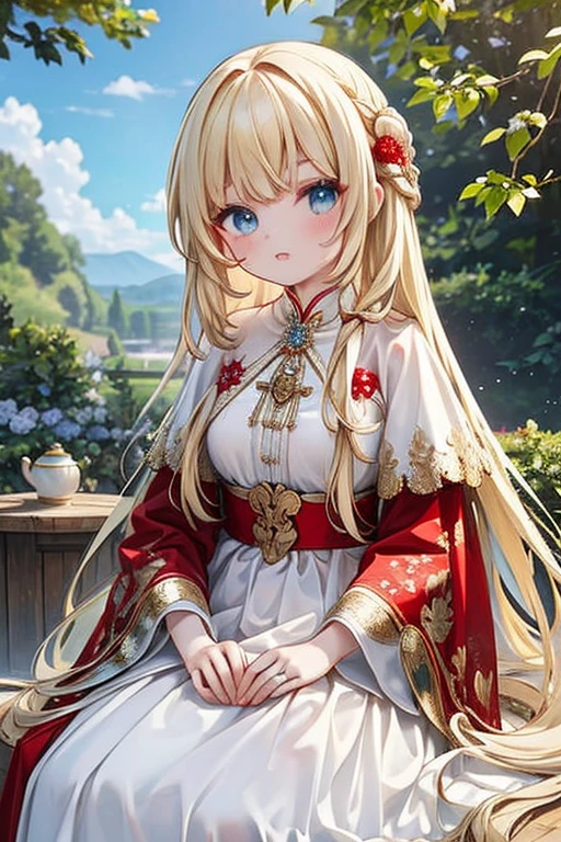 (8k, highest quality, Tabletop:1.2)、Ultra-high resolution, Detailed face, One -yeld gi blue eyes, Blonde, Braid, Long Hair, blue sky, in the forest, wood, table cloth, Set of cake and tea on the table, Sit on a chair、hjy, a woman in a red and white dress and a red and white robe、wedding dress