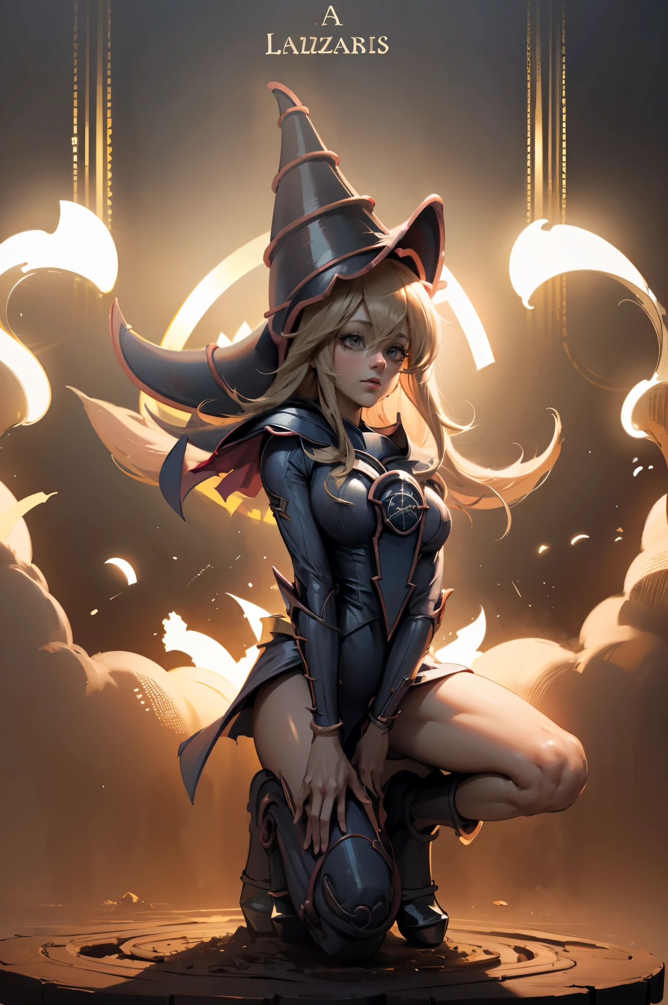 (Obra maestra:1.2), (La mejor calidad:1.2), perfect lighting, Chica Maga Oscura lanzando un hechizo, En sus veinte, flotando en el aire, tetas grandes, escote, bata azul, sombrero grande, desde arriba, Destellos, Yugioh juego, magic of the heart. luces del corazon, Romantic heart