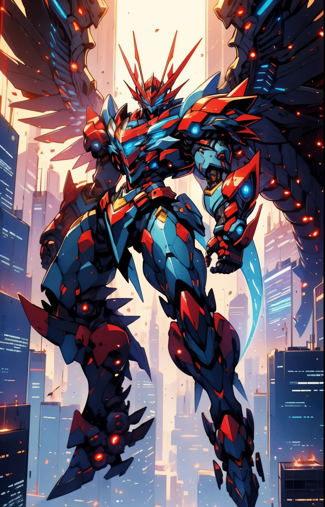 Humanoid Mecha, fully enclosed shoulder guards, matching arm and leg guards, full body, full armor, super robot, the design balances heavy with agility, (the color scheme is primarily white with red and blue accents, the concept Inspired by super robot, Dragon concept chest armor, pose, standing, floating high above the futuristic sci-fi city), exquisite and mature art style, (aura effect, energy, glowing eyes, the armor glows), ((SRS)), metallic, dramatic, high definition, best quality, highres, ultra-detailed, ultra-fine painting, extremely delicate, professional, perfect body proportions, anatomically correct, symmetrical face, extremely detailed eyes and face, high quality eyes, creativity, RAW photo, UHD, 32k, Natural light, cinematic lighting, masterpiece-anatomy-perfect, masterpiece:1.5