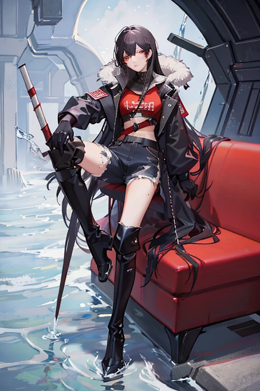 Honkai Star Rail style
1 man. wery long black hair. red eyes. red t-shirt. black jacket with hood and fur. high-waisted black ripped jeans. knee-high boots. black gloves. apocalyptic clothes.
Sitting on the train. ((Water)) ((More water)) Water up to the waist