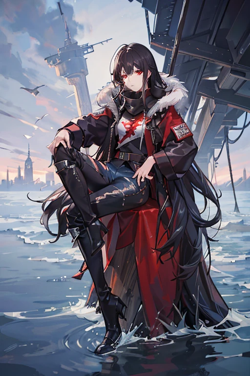 Honkai Star Rail style 
1 man. wery long black hair. red eyes. red t-shirt. black jacket with hood and fur. high-waisted black ripped jeans. knee-high boots. black gloves. apocalyptic clothes.
Sitting on the train. ((Water)) ((More water)) Water up to the waist