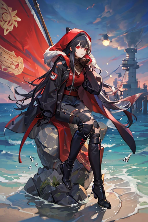Honkai Star Rail style 
1 man. wery long black hair. red eyes. red t-shirt. black jacket with hood and fur. high-waisted black ripped jeans. knee-high boots. black gloves. apocalyptic clothes.
Sitting on the train. ((Water)) ((More water)) Water up to the waist