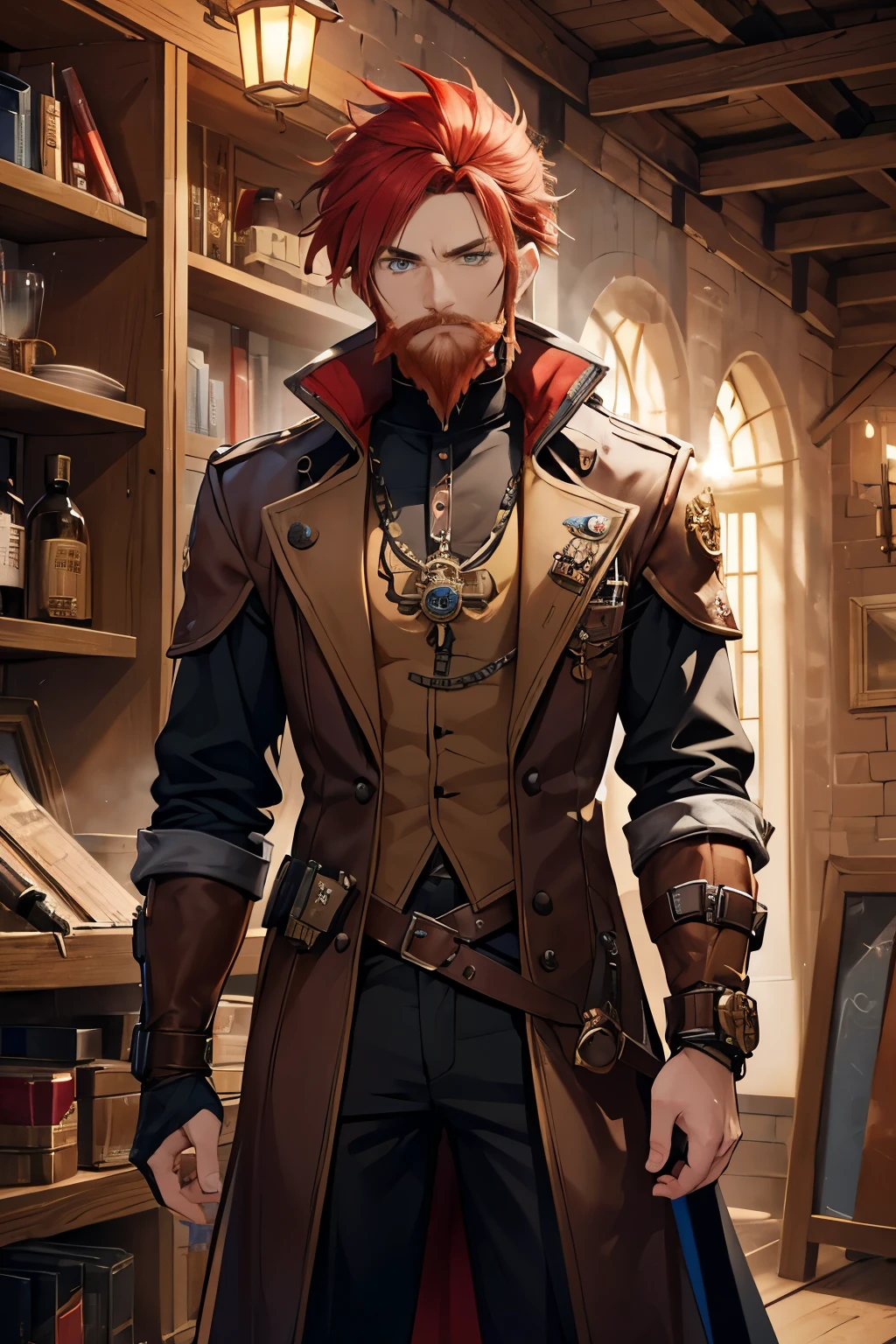 The character is a young Kliren, a hybrid race of gnome and human, with traits reflecting the intelligence and ingenuity of both races. He stands at approximately 168 centimeters tall, with a youthful and expressive appearance. His hair is of a vibrant shade of red, short and well-groomed. The face presents distinct features, with a gnome-style red beard emphasizing his heritage. His eyes are lively and expressive, revealing his cunning and determination.

The character wears a steampunk outfit with medieval fantasy details, blending style and functionality. A round monocle adorns one of his eyes, giving him an air of intellectuality and sophistication. Additionally, his pointed ears, typical of the Kliren race, are visible, highlighting his hybrid nature.

On his back, he carries two distinct weapons: a giant steampunk firearm, indicating his proficiency with advanced mechanical devices, and a medieval fantasy sniper, showcasing his skill in long-range combat.

In addition to his weaponry, one of his hands is a mechanical prosthesis, a testament to his expertise in crafting and engineering.

Complementing his appearance, he carries an array of steampunk gadgets and fantastic technological equipment, evidencing his prowess as a skilled artificer and inventor.