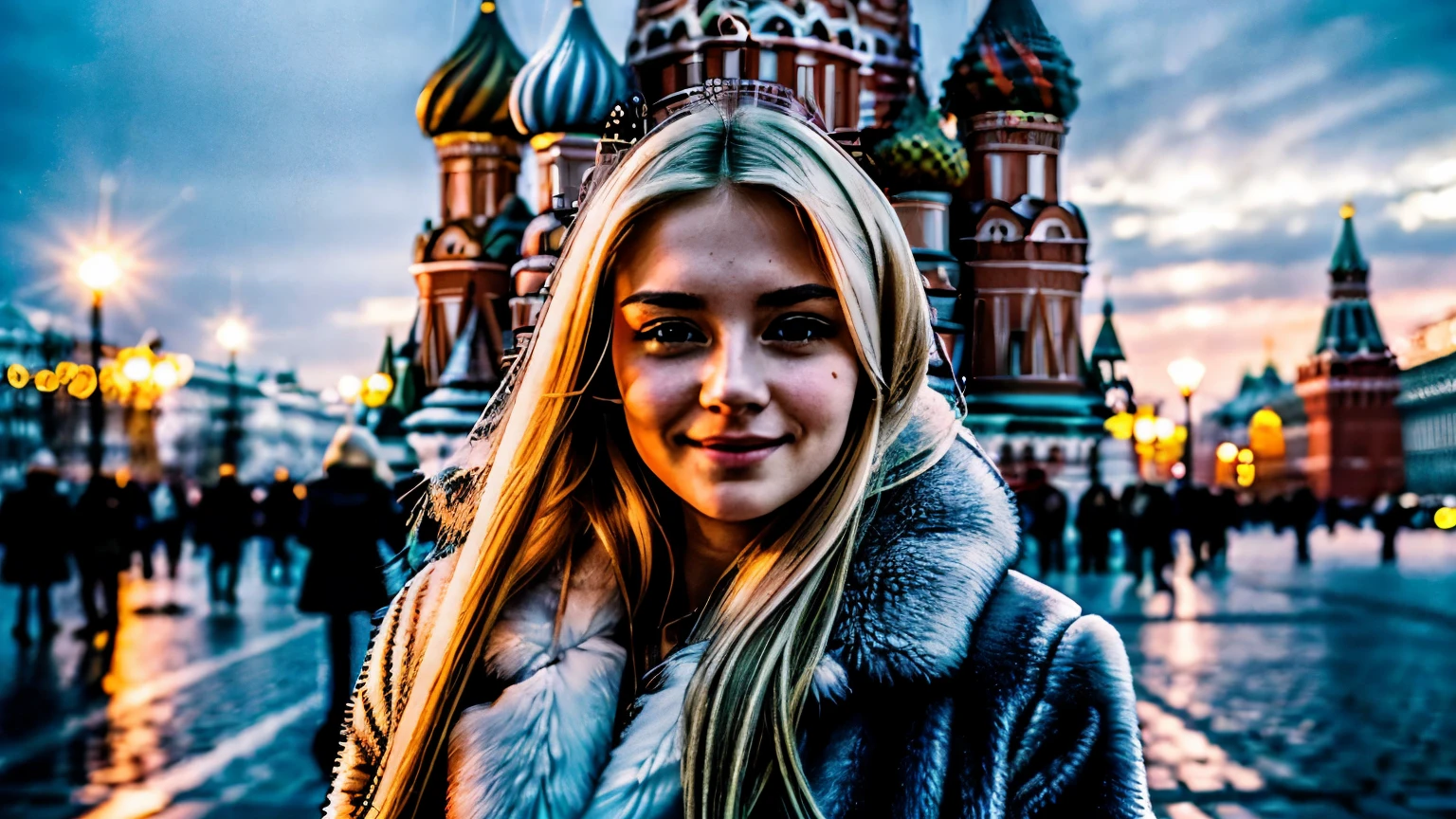Photo of a 20-year-old Russian girl, Raw beautiful Russian woman, (Blonde with long straight hair), ((Portrait)), ((Detailed face:1.2)), ((detailed facial features)), (finely detailed skin), pale skin,Clothes with fluffy cleavage visible、A sexy(cold color), moist, Reflectors, (masutepiece) (perfectly proportions)(photos realistic)(Best Quality) (Detailed) photographed in a Canon EOS R5, 50mm Lens, F/2.8, nffsw, (Grinning)Smiled、 (Wallpaper) (Cinematic lighting) (Dramatic Lighting) (sharp focus) (Convoluted) Standing in a fur coat、moscow、Red Square、nighttime scene、Full Body Photo Standing、Fashion show Moscow、Light up Vasilii Cathedral