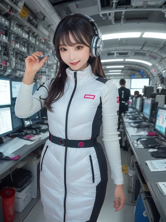 masterpiece, highest quality, Very detailed, 8K Portrait,Japanese Android Girl,plump , Control panel,Robotic arms and legs, Blunt bangs,,break (Metallic Gray, Metallic luster, Mirror finish, Astro Best):5,headphone:5,break (Black sleeves):100,Smart Watches,Futuristic space station,Control Room,break headphone,blue eyes,(Black Hair):2,(Long Hair):1.3,View the viewer,(respirator),break blush:3,Hidden Hand,smile