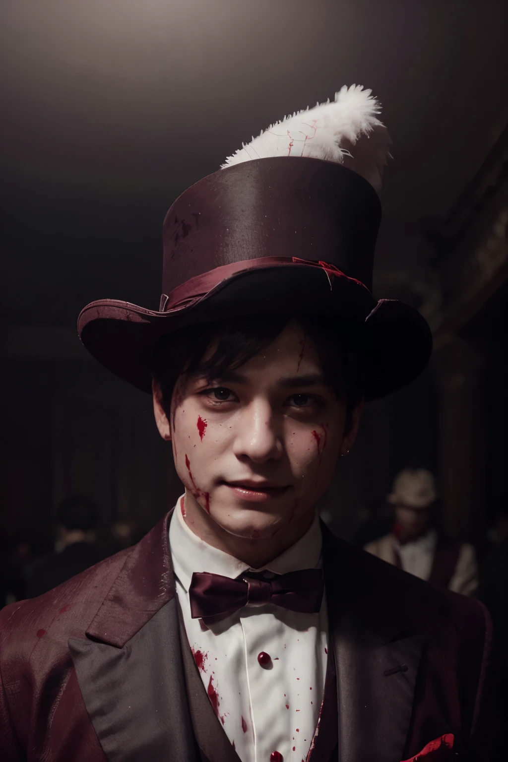 a Jeon Jungkook of BTS in a burgundy suit, top hat, white gloves with blood, malevolent smile, more blood splatters on face, detailed face, highly detailed, 8k, hyper realistic, cinematic lighting, dramatic shadows, moody atmosphere, dark fantasy, red color scheme