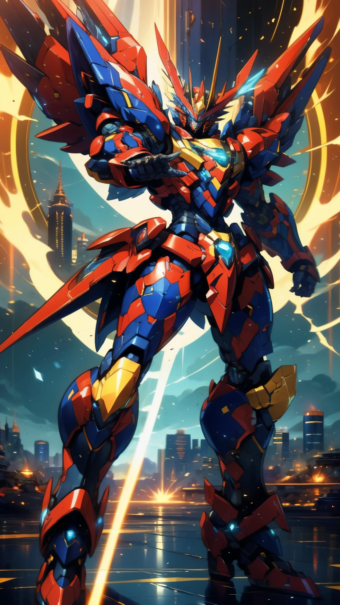 Humanoid Mecha, fully enclosed shoulder guards, matching arm and leg guards, full body, full armor, super robot, the design balances heavy with agility, (the color scheme is primarily white with red and blue accents, the concept Inspired by super robot, Lion concept chest armor, pose, standing, floating high above the futuristic sci-fi city), exquisite and mature art style, (aura effect, energy, glowing eyes, the armor glows), ((SRS)), metallic, dramatic, high definition, best quality, highres, ultra-detailed, ultra-fine painting, extremely delicate, professional, perfect body proportions, anatomically correct, symmetrical face, extremely detailed eyes and face, high quality eyes, creativity, RAW photo, UHD, 32k, Natural light, cinematic lighting, masterpiece-anatomy-perfect, masterpiece:1.5