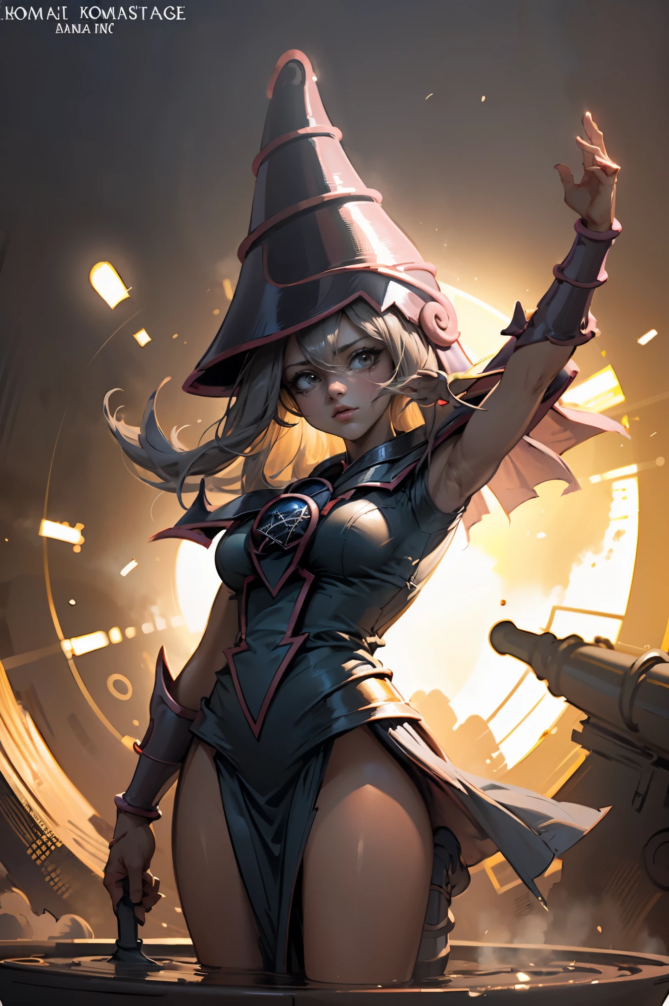 (Obra maestra:1.2), (La mejor calidad:1.2), perfect lighting, Chica Maga Oscura lanzando un hechizo, En sus veinte, flotando en el aire, tetas grandes, escote, bata azul, sombrero grande, desde arriba, Destellos, Yugioh juego, magic of the heart. luces del corazon, Romantic heart