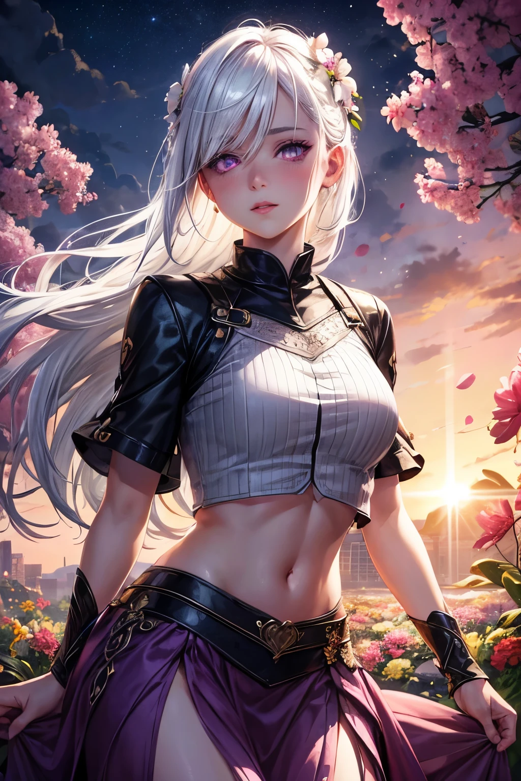 realistic, 1girl, white hair, purple eyes, glowing eyes, crop top, skirt, parted lips, blush, night, flowers, sun, sunlight,