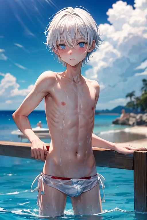 very thin boy11 years old without a shirt, Without clothing, thin, Blue eyes, white hair with red tips, wet body in white swimming trunks, straightens his hair embarrassedly, blush on the face,