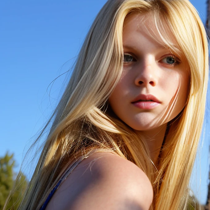 A photorealistic portrait of a 21-year-old American girl with long, flowing blonde hair and striking blue eyes. She should have a natural, approachable expression and be illuminated by soft, golden-hour sunlight. The background should be a scenic outdoor setting, perhaps a sunlit park or beach. Capture this image with a high-resolution photograph using an 85mm lens for a flattering perspective.