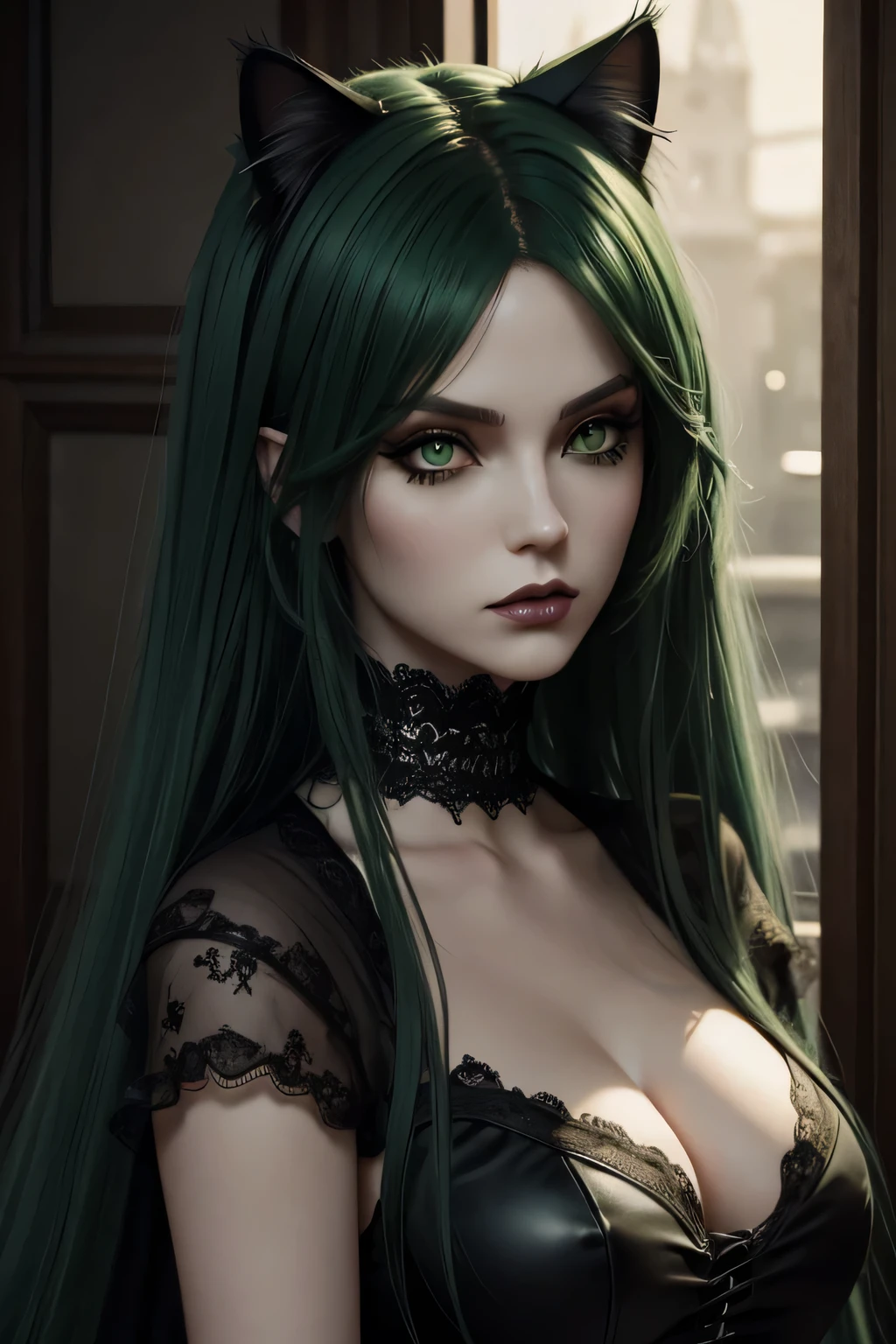 girl, gothic, long green hair, green eyes, black lipstic, cat ears, hyper realism, artstation