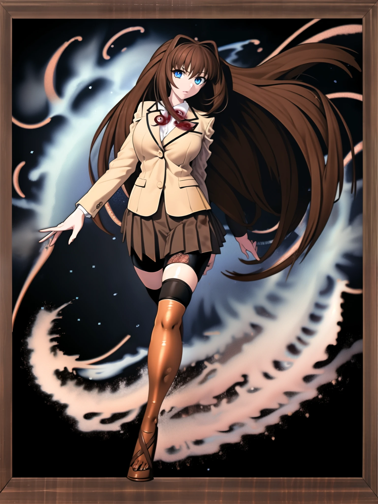BREAK, blank background, white background, (EMPTY BACKGROUND), BREAK (masterpiece:1.2), best quality, high resolution, 8k, illustration, (beautiful detailed eyes:1.6), extremely detailed face, extremely detailed, CG, perfect hands, perfect anatomy, (((1girl))), (((solo))), (((bbaoko:1)), (((2 legs max:1.7))), (((2 feet max:1.6))), ((swirling vortex shaped longest brown hair:1.5)), (brown longest hair with slightly reddish undertone:1.6), (lush luscious longest brown hair:1.6), (very long voluminous longest brown hair:1.5), serious, blue eyes, red bowtie, (Form-fitting beige blazer:1.5), brown jacket, (highly detailed beautiful face:1.2), (white shirt:1), (well shaped large breasts:1.6), (nice hips:1), (((Umber pleated thigh-high skirt:1.6))), (((black bike shorts:1.4))), (2 nice visible thighs:1.6), (black thighhighs:1.5), (strap shoes brown color), (facing front:1.5), ((standing straight:1.5)), ((Fullbody in frame:1.6)), ((Full body:1.5))