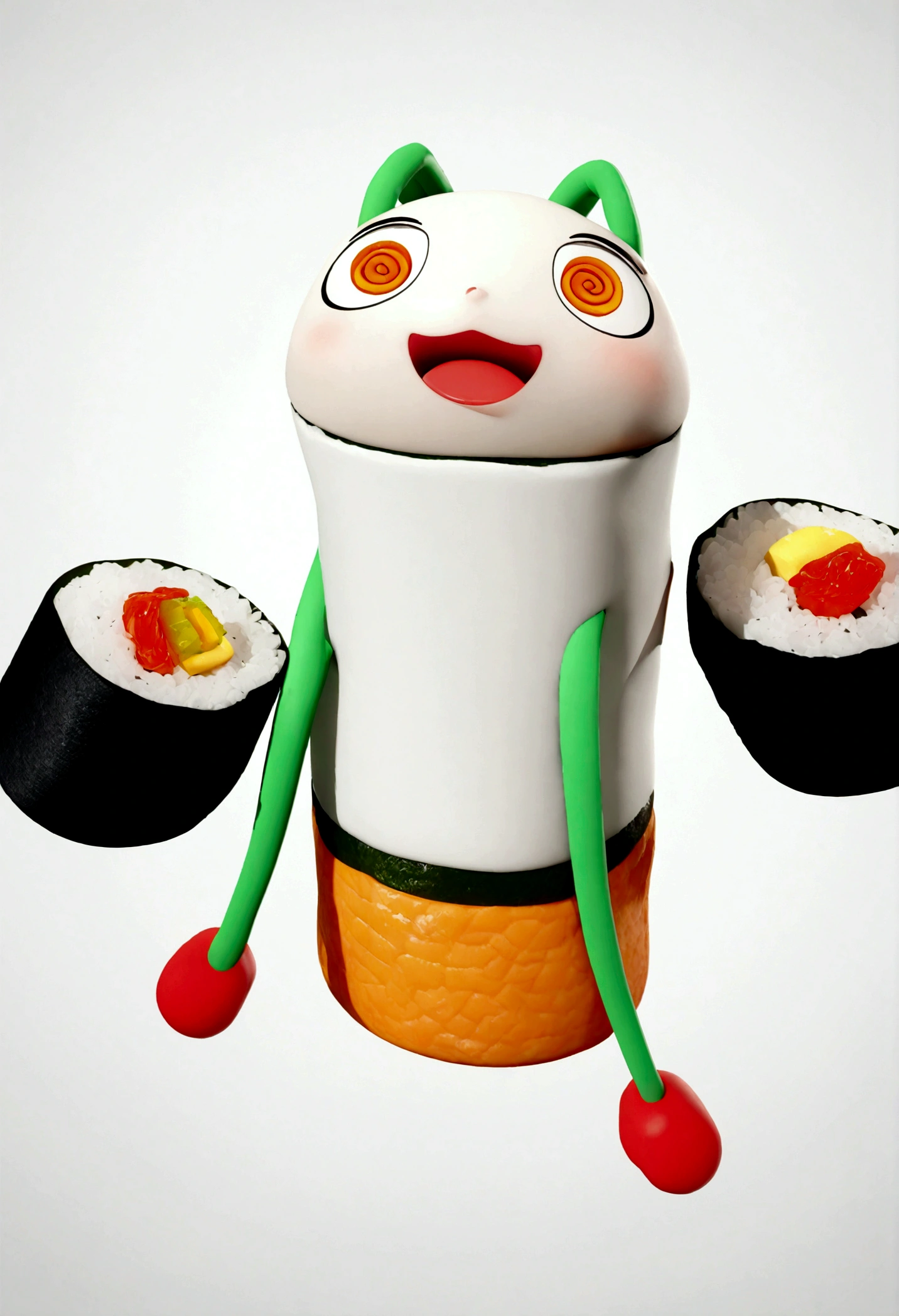 A single piece of sushi with a cute, animated 3D face, smiling expression, large expressive eyes, and a small mouth. The sushi has long arms and long legs, making it look even more adorable. The design is colorful and appealing, featuring details of the sushi like rice, seaweed, and topping. The background is completely white., render 3d