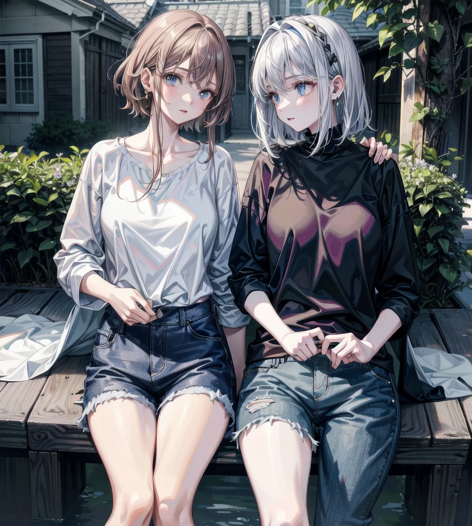 absurdres, RAW photo, extremely delicate and beautiful, masterpiece, Best Quality, ultra high resolution, 32k, hyperrealistic, ultra-detailed, detailed description, perfect anatomy, pale skin, 20 years old, detailed beautiful face and eyes, tearful mole, earring, short medium hair, wavy hair, whole body shot, big tits, shirt, shorts, outdoor,