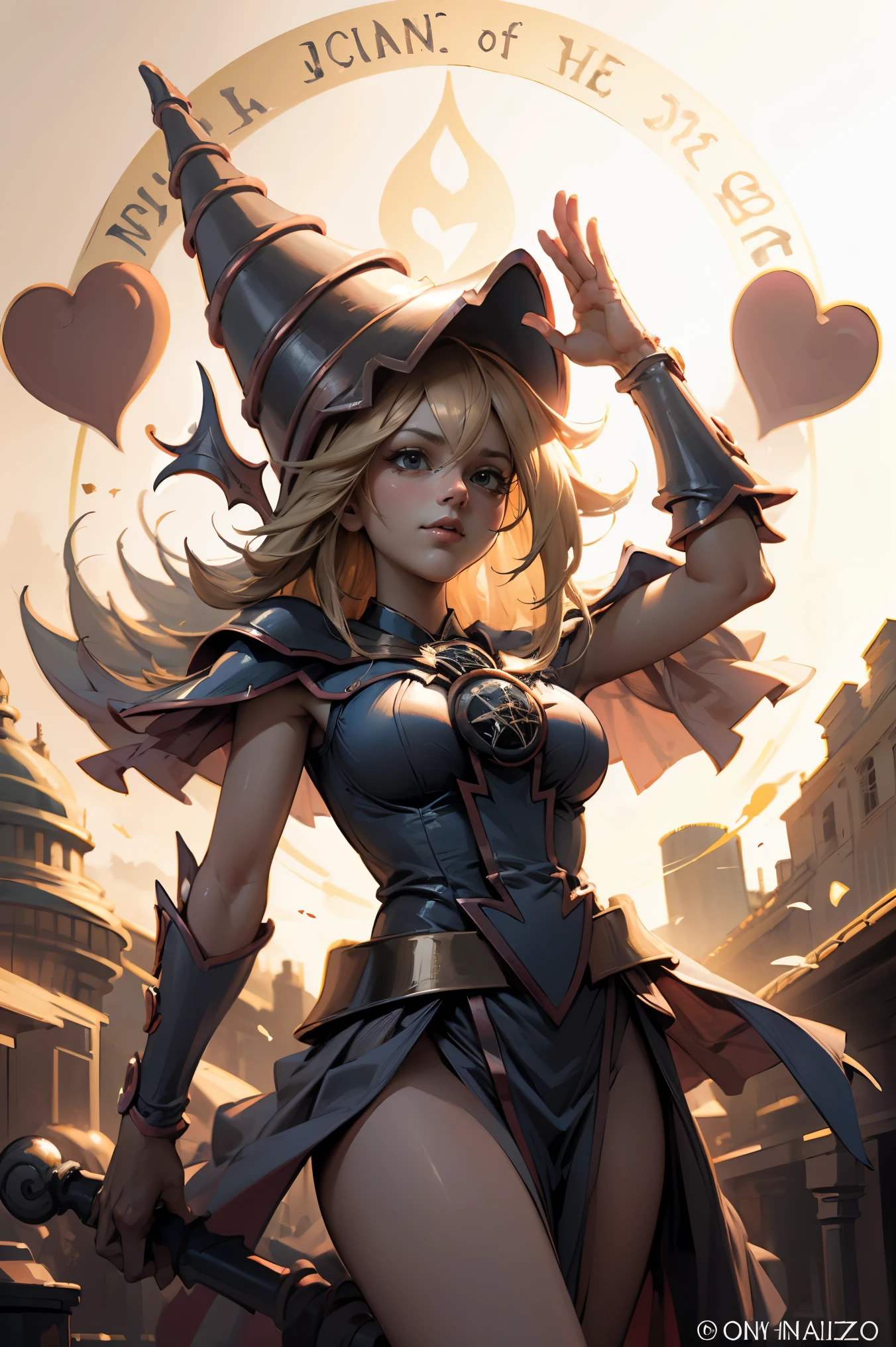 (Obra maestra:1.2), (La mejor calidad:1.2), perfect lighting, Chica Maga Oscura lanzando un hechizo, En sus veinte, flotando en el aire, tetas grandes, escote, bata azul, sombrero grande, desde arriba, Destellos, Yugioh juego, magic of the heart. luces del corazon, Romantic heart