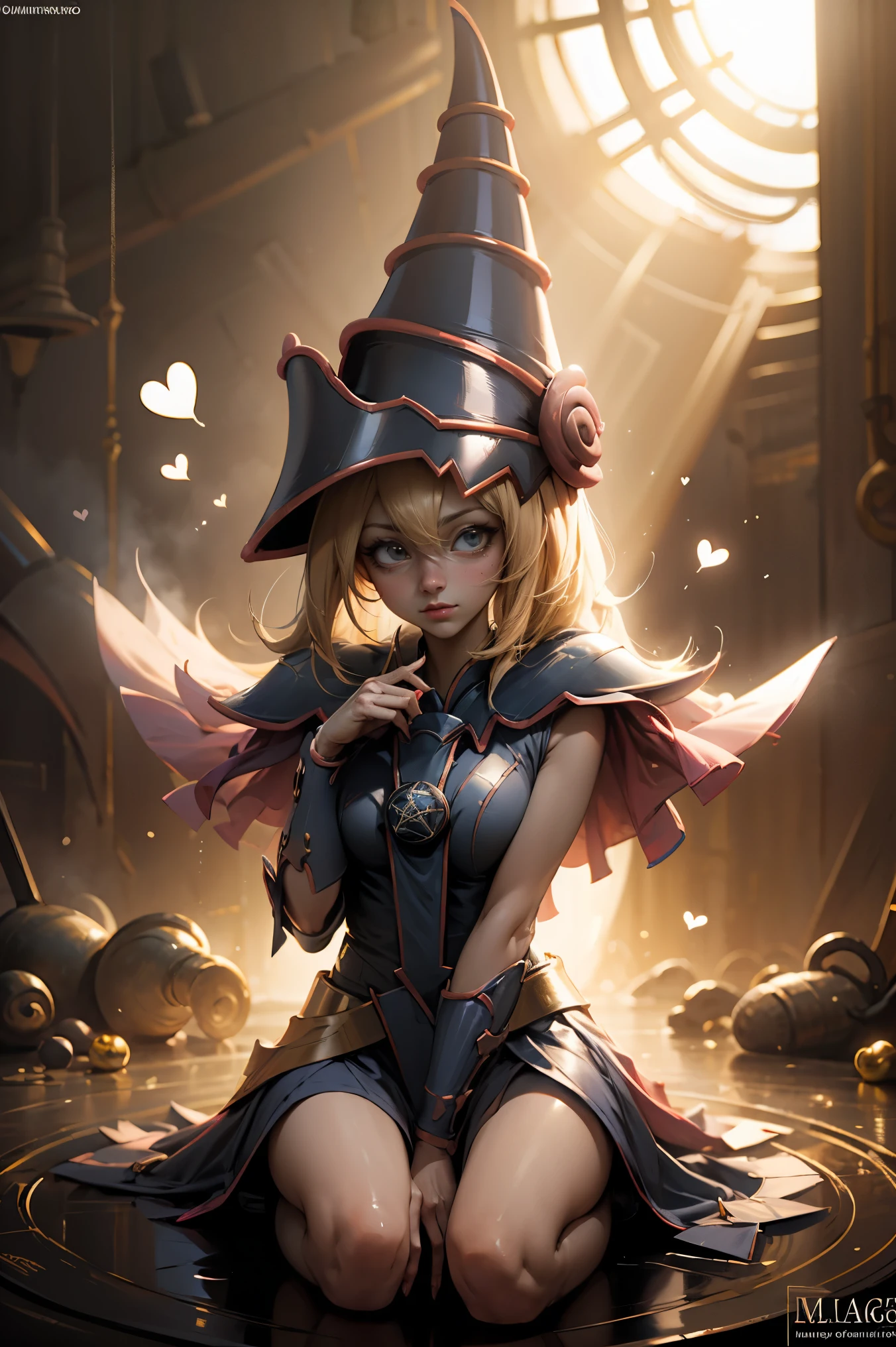 (Obra maestra:1.2), (La mejor calidad:1.2), perfect lighting, Chica Maga Oscura lanzando un hechizo, En sus veinte, flotando en el aire, tetas grandes, escote, bata azul, sombrero grande, desde arriba, Destellos, Yugioh juego, magic of the heart. luces del corazon, Romantic heart