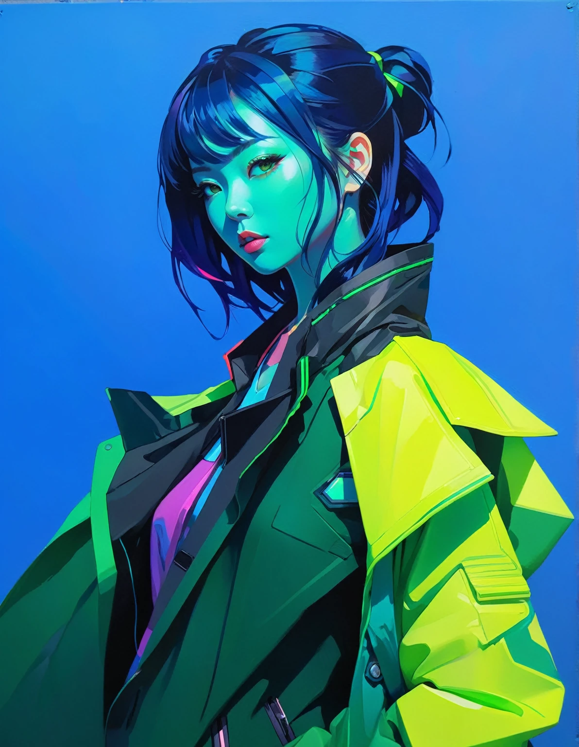 a close up of a woman with a bright green jacket, inspired by Russell Dongjun Lu, jen bartel, vibrant fan art, neon version of style jim burns, neon noir, by Galen Dara, kilian eng vibrant colours, with a blue background, kilian eng vibrant colors, by Pedro Pedraja, cmyk portrait, by Shinoda Toko