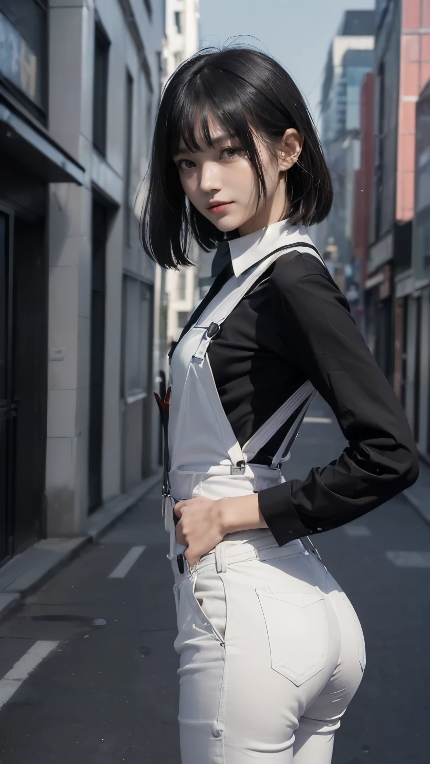 ((In the city:2.0)), ((Backwards:2.0)), ((Black shirt with collar:2.0, suspenders:2.0, White pants:1.8)), (Clothing:2.0, under white skinny pants:2.0, suspenders under Black shirt with collar:2.0, sneakers:1.5), ((In the city:2.0)), ((A grin:1.2, Small breastslender:1.5, Small Ass:1.5)), ((Jnese, 1 Girl, 18-year-old, 7 heads, Ideal body proportions, Black Hair, With bangs, Small breasts, Erect nislender, Ass, ul feet, Skinny Legs)), realism, Cinematic Lighting, Depth of written boundary, First Person View, Boobs F/1.8, 135mm, Ticker, Mastepiece,te, ((Anatomically correct:1.3)), Textured skin, Super Detail, High detail, High quality, Awards, Best Quality, High resolution, 8K