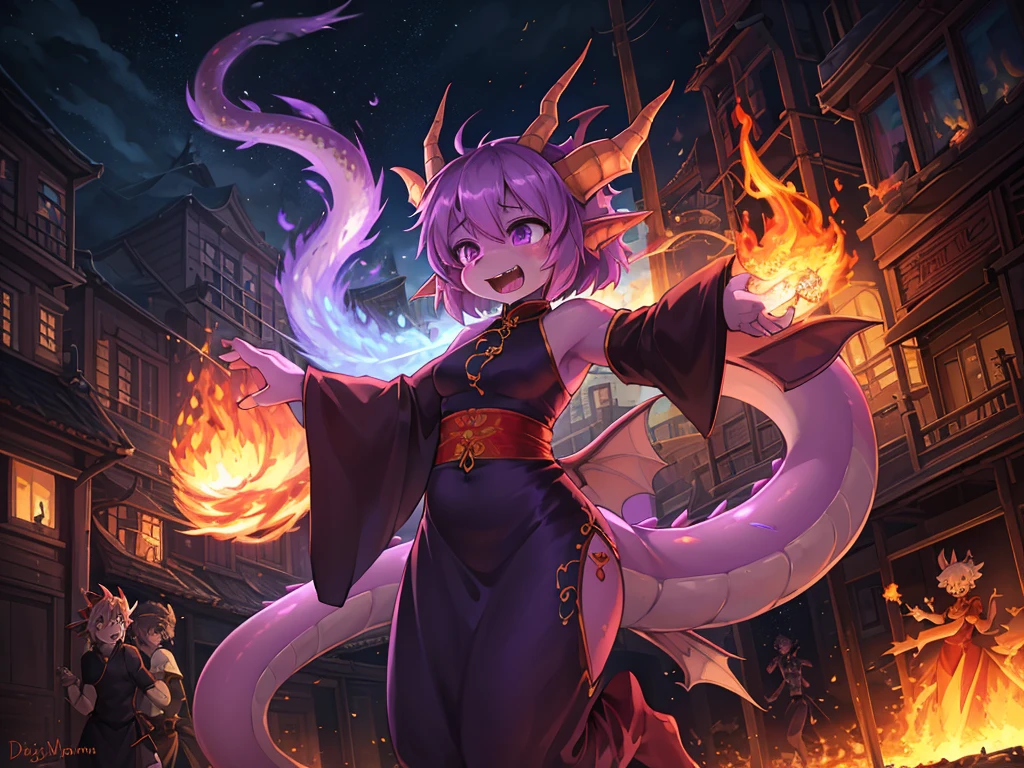 Hallucination, daydream , bokeh , Ghost, (fire Dragon monster Girl:1.5), Purple Skin, spike, Spiky purple hair, Caught Laughter, Floating Hand, Wearing a deep purple messy long slit china dress, Floating in the air, masterpiece, highest quality , Show secretly , (Breathing fire from the mouth:1.3) , Long muzzle , Burn down the town , Zombie horror movies