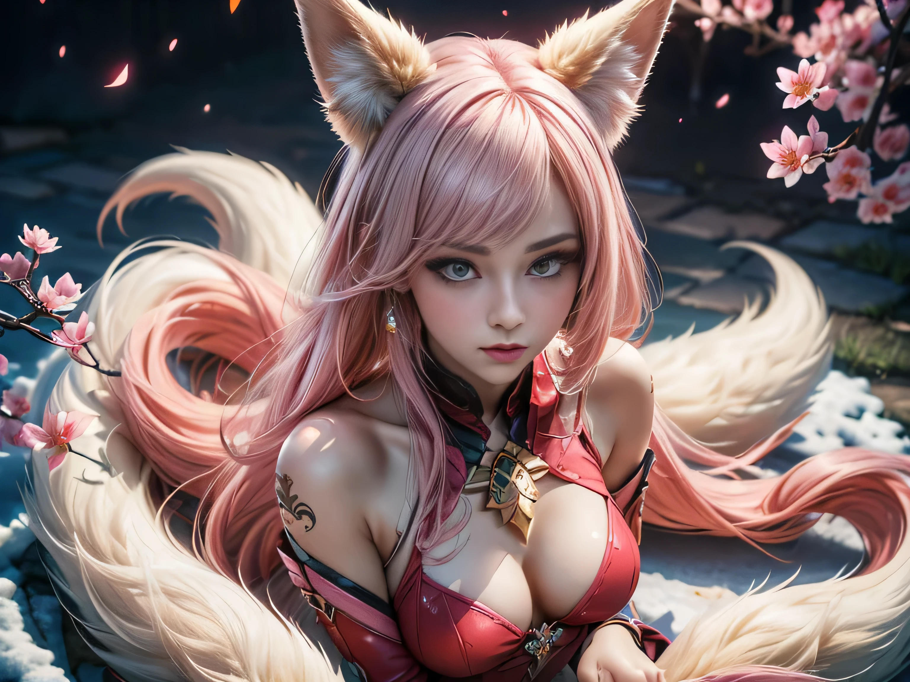 (Best Quality, 8K, Masterpiece, HDR, Soft Lighting, Picture Perfect, Realistic, Vivid), Nine tails of snow white fox(1.0), milk fox tail(1.0), nine tailed fox, anime girl with pink hair and pink, dressed in sexy leather suit, beautiful fantasy anime, very beautiful and cute fox girl, pink flower rain, background blur, anime fantasy, work in the style of Gouves, realistic:1.37, view from above, lies in pink flowers, horizontal view, (ultra high quality fantasy art), masterpiece, male model, ultra high quality female character designs, anime art with 8k development, realistic anime art, highest quality wallpaper illustrations, complex ultra high quality accurate female characters faces, high quality design and accurate physics (super-quality fantasy style)), art, dark fantasy)) Style), masterpieces, super-quality characters, anime resolution - 8K, realistic anime art, wallpapers with the highest quality illustrations, ultra-high detail of faces, high-quality design and physics accuracy), color, depth of field, shadows, ray tracing, production of high-quality computer wallpapers and 8K resolution, (Accurate simulation of the interaction of light and materials)], [High-quality detailed hair [More about beautiful and shiny red hair]], (Beautifully detailed hands [perfect fingers [Perfect nails]], (perfect anatomy (perfect proportions)))) [[Full length]], [Perfect color combination (Accurate imitation of the interaction of light and material)], [art that conveys the meaning of the story ]