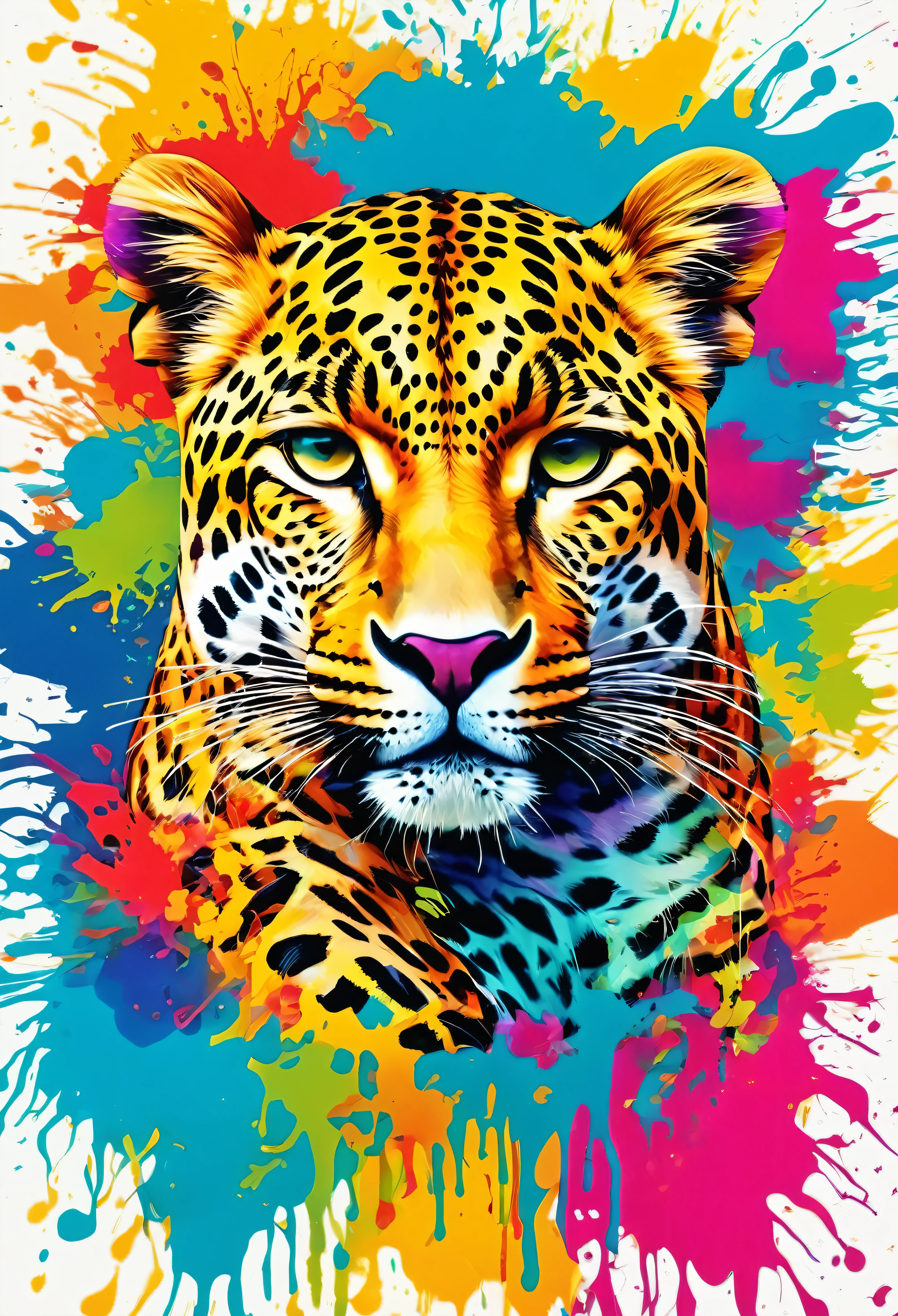 arte vetorial, Colorful leopard print illustration, no centro, cores vibrantes,respingos de tinta e manchas,Hawaii Background