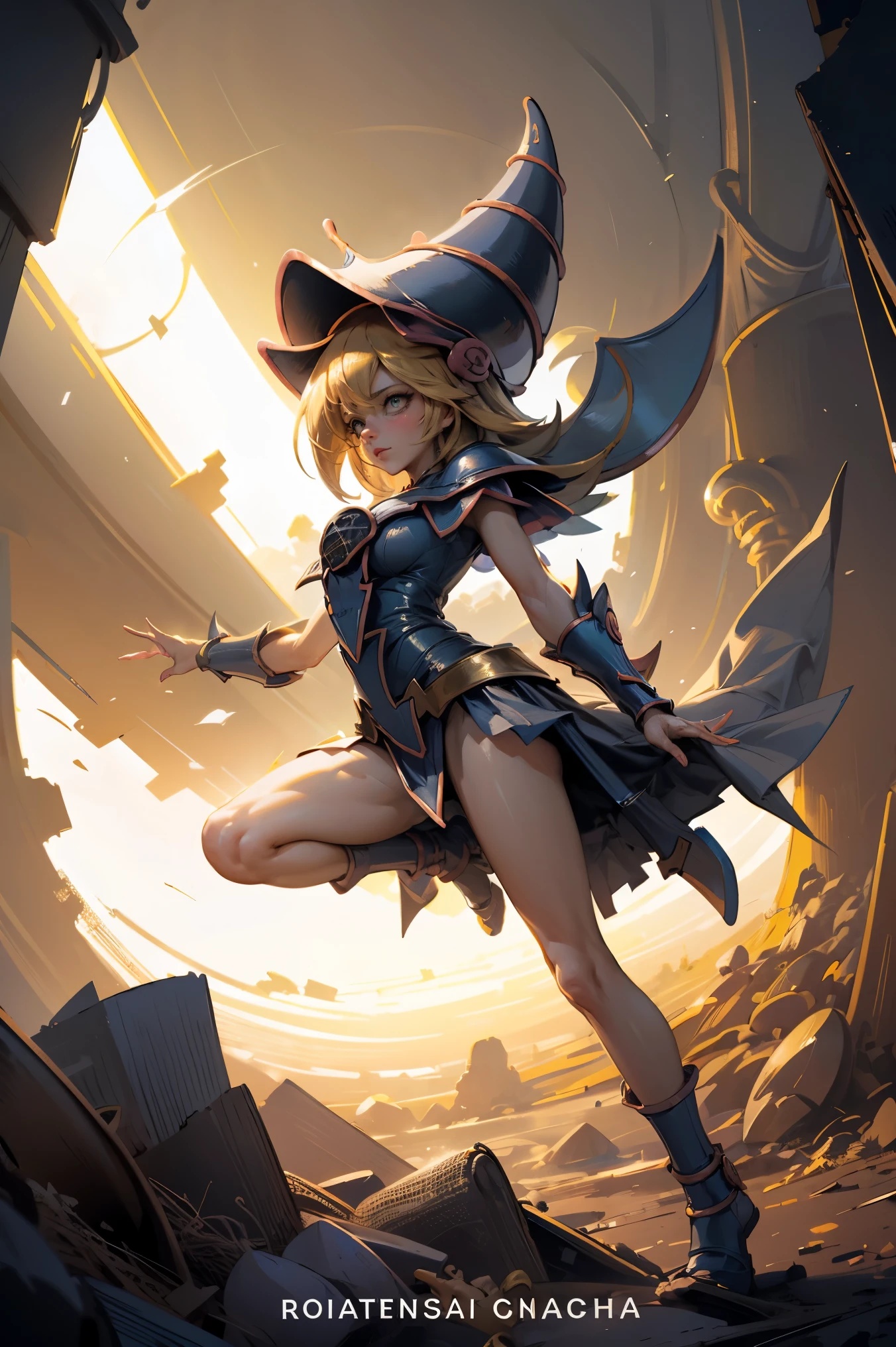 (Obra maestra:1.2), (La mejor calidad:1.2), perfect lighting, Chica Maga Oscura lanzando un hechizo, En sus veinte, flotando en el aire, tetas grandes, escote, bata azul, sombrero grande, desde arriba, Destellos, Yugioh juego, magic of the heart. luces del corazon, Romantic heart