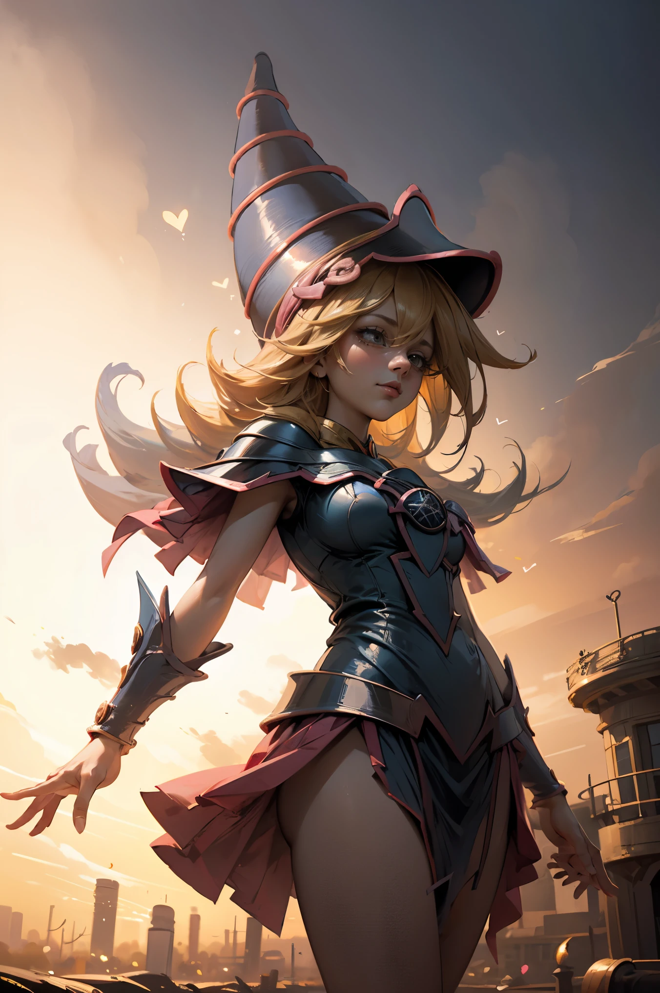 (Obra maestra:1.2), (La mejor calidad:1.2), perfect lighting, Chica Maga Oscura lanzando un hechizo, En sus veinte, flotando en el aire, tetas grandes, escote, bata azul, sombrero grande, desde arriba, Destellos, Yugioh juego, magic of the heart. luces del corazon, Romantic heart