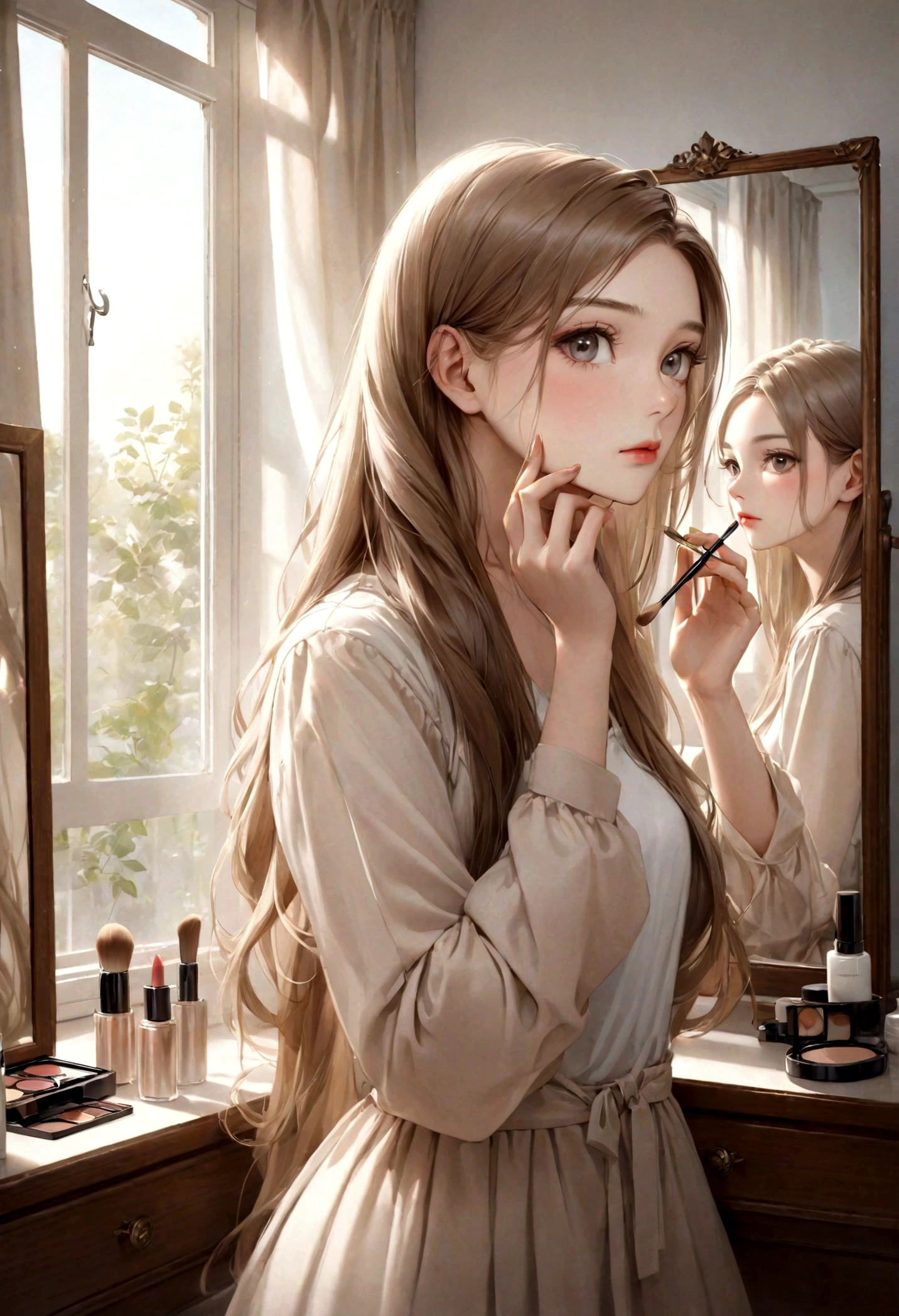 A beautiful woman with long hair, wearing beige and applying makeup in front of the mirror at home, photorealistic, soft natural light from the window, in the style of natural light portraits,