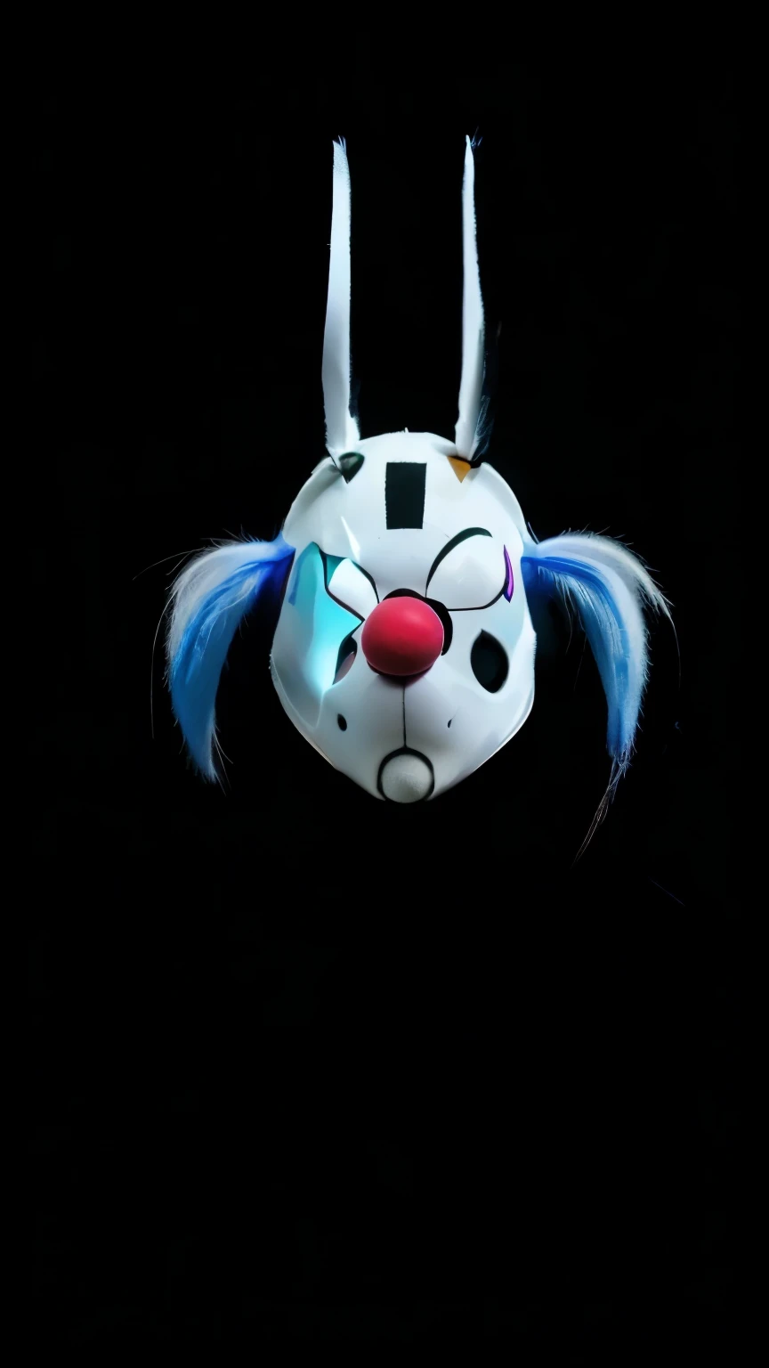cartoon personaje of a white rabbit with blue ears and a pink nose, solo cara de conejo, drooping rabbity ears, Cabeza de conejito, chusma_personaje, conejo antropomorfo, lindo conejito antropomorfo, fnaf, de sam y max, rayman rabbids delirantes, conejito malvado, Retrato de Hollow Knight, mask, clown mask, mascara de payaso