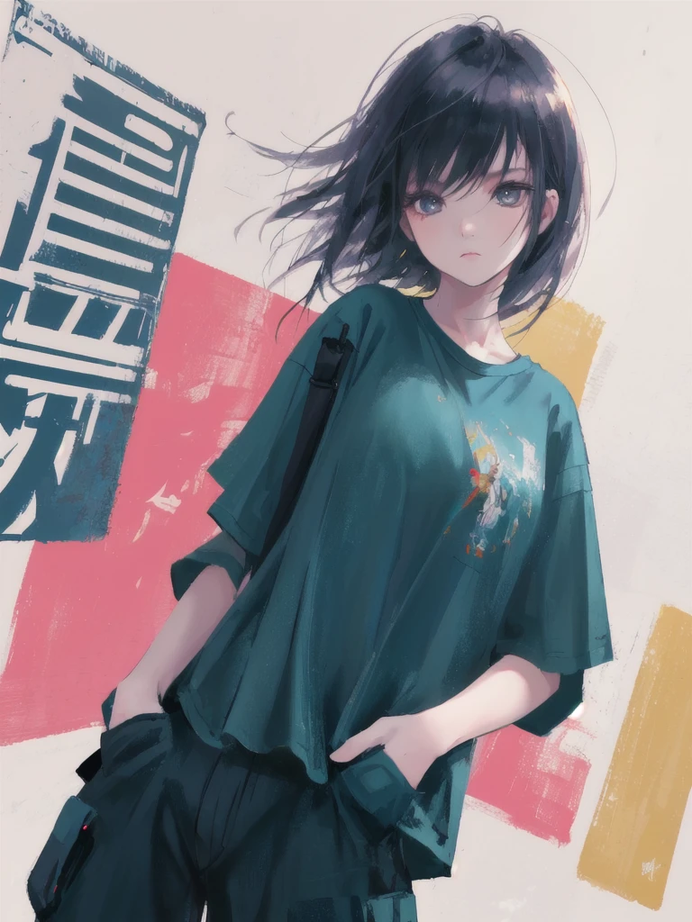 1girl, solo, oversize cargo pants, oversized tshirt, artwork on the Tshirt, posing for a photo shoot, looking at the viewer, neutral expression, ((hands in pocket)), aesthetic, awe-inspiring, cool, digital art, high resolution, ((masterpiece, 8k,wlop)), (plain background)