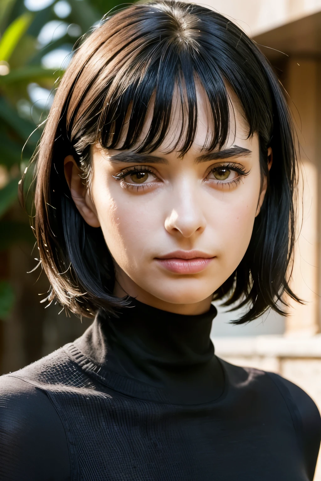 (photo of the face, close-up of the face)(16 year old woman), (black hair, short hair, bangs, hair down to the shoulders) round glasses on the face (white skin) western face, dark circles, sad, tired and droopy face, pimples on face, thin nose, ((best quality)), ((ultra resolution)), ((Photorealistic: 1.4)), (complex details), (clothes: black turtleneck sweater), thin waist.