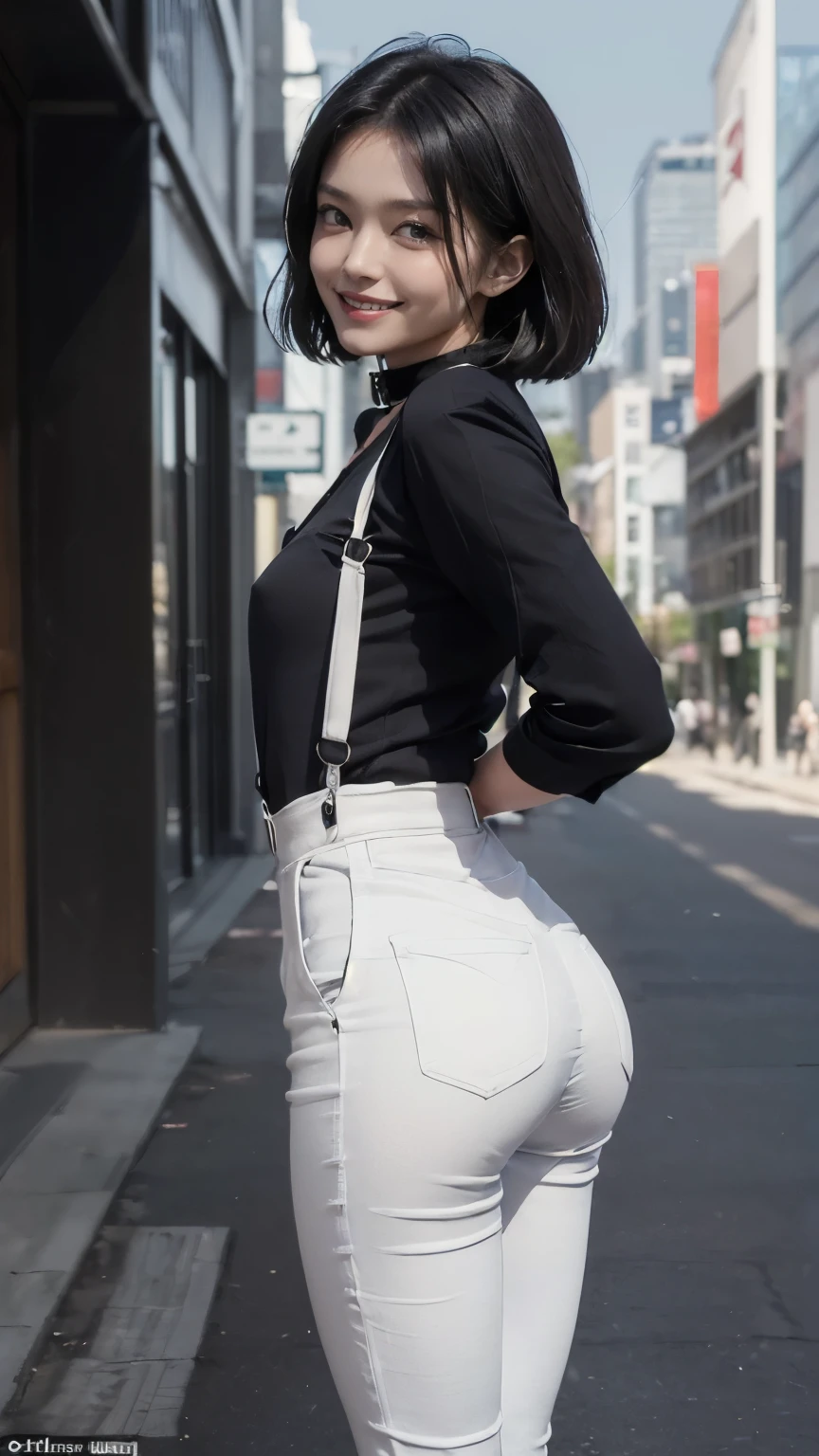 ((In the city:2.0)), ((Backwards:2.0, Point your buttocks towards the camera:1.8)), ((Black shirt with collar:2.0, suspenders:2.0, White pants:1.8)), (Clothing:2.0, Panties under white skinny pants:2.0, suspenders under Black shirt with collar:2.0, sneakers:1.5), ((In the city:2.0)), ((A grin:1.2, Small breasts:1.5, slender:1.5, Small Ass:1.5)), ((Japanese, 1 Girl, 18-year-old, 7 heads, Ideal body proportions, Black Hair, With bangs, Small breasts, Erect nipples, slender, Small Ass, Beautiful feet, Skinny Legs)), Surrealism, Cinematic Lighting, Depth of written boundary, First Person View, Boobs F/1.8, 135mm, Ticker, Mastepiece, Curate, ((Anatomically correct:1.3)), Textured skin, Super Detail, High detail, High quality, Awards, Best Quality, High resolution, 8K