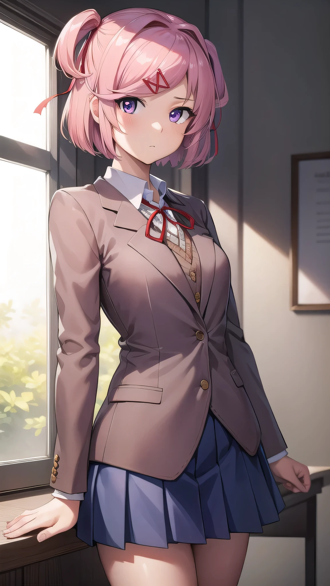 ddlcnatsuki, ddlcnatsuki, fang, hair ornament, pink hair, (pink eyes:1.1), short hair, short sidetail, swept bangs, x hair ornament,
BREAK blazer, blue skirt, brown jacket, collared shirt, jacket, long sleeves, miniskirt, neck ribbon, pleated skirt, red ribbon, ribbon, , shirt, skirt, swept bangs, vest, white shirt, wing collar, x hair ornament,
BREAK looking at viewer,
BREAK indoors, classroom,
BREAK (masterpiece:1.2), best quality, high resolution, unity 8k wallpaper, (illustration:0.8), (beautiful detailed eyes:1.6), extremely detailed face, perfect lighting, extremely detailed CG, (perfect hands, perfect anatomy),