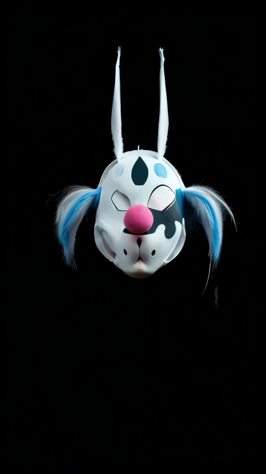 cartoon personaje of a white rabbit with blue ears and a pink nose, solo cara de conejo, drooping rabbity ears, Cabeza de conejito, chusma_personaje, conejo antropomorfo, lindo conejito antropomorfo, fnaf, de sam y max, rayman rabbids delirantes, conejito malvado, Retrato de Hollow Knight, mask, clown mask, mascara de payaso