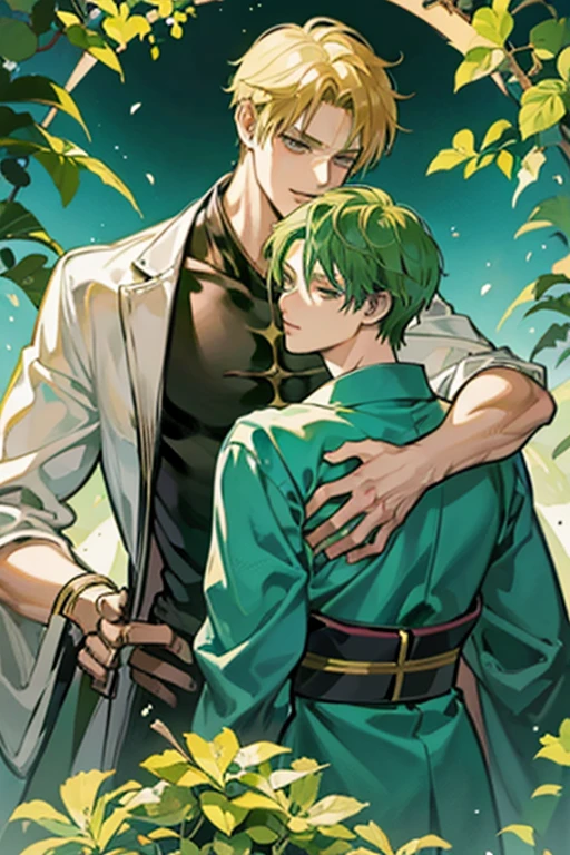 2 men, yaoi, hug, hug from behind, romance, boys love, zoro, zoro from onepiece, sanji, sanji from onepiece, short green hair, blonde hair, japanese kimono,