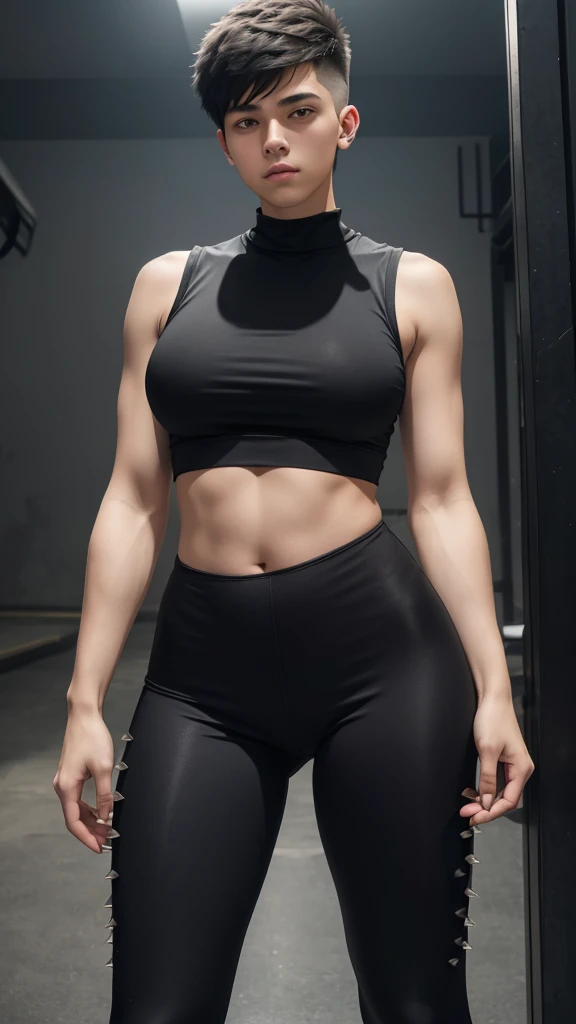 a young man having long legs, thick thighs, large hips, thin and narrow weist, big large feminine breasts, wearing leggings and tshirt, sleeveless, very small spikey boyish haircut, man