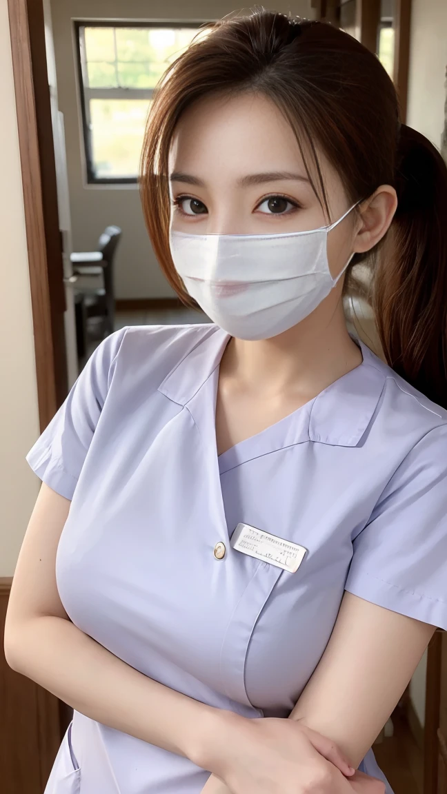 Browsing Caution，highest quality，masterpiece，8k，Expose，28 years old，Saggy breasts，Droopy eyes，mask，breast squeeze，Charming smile，(Nurse uniform)，ponytail