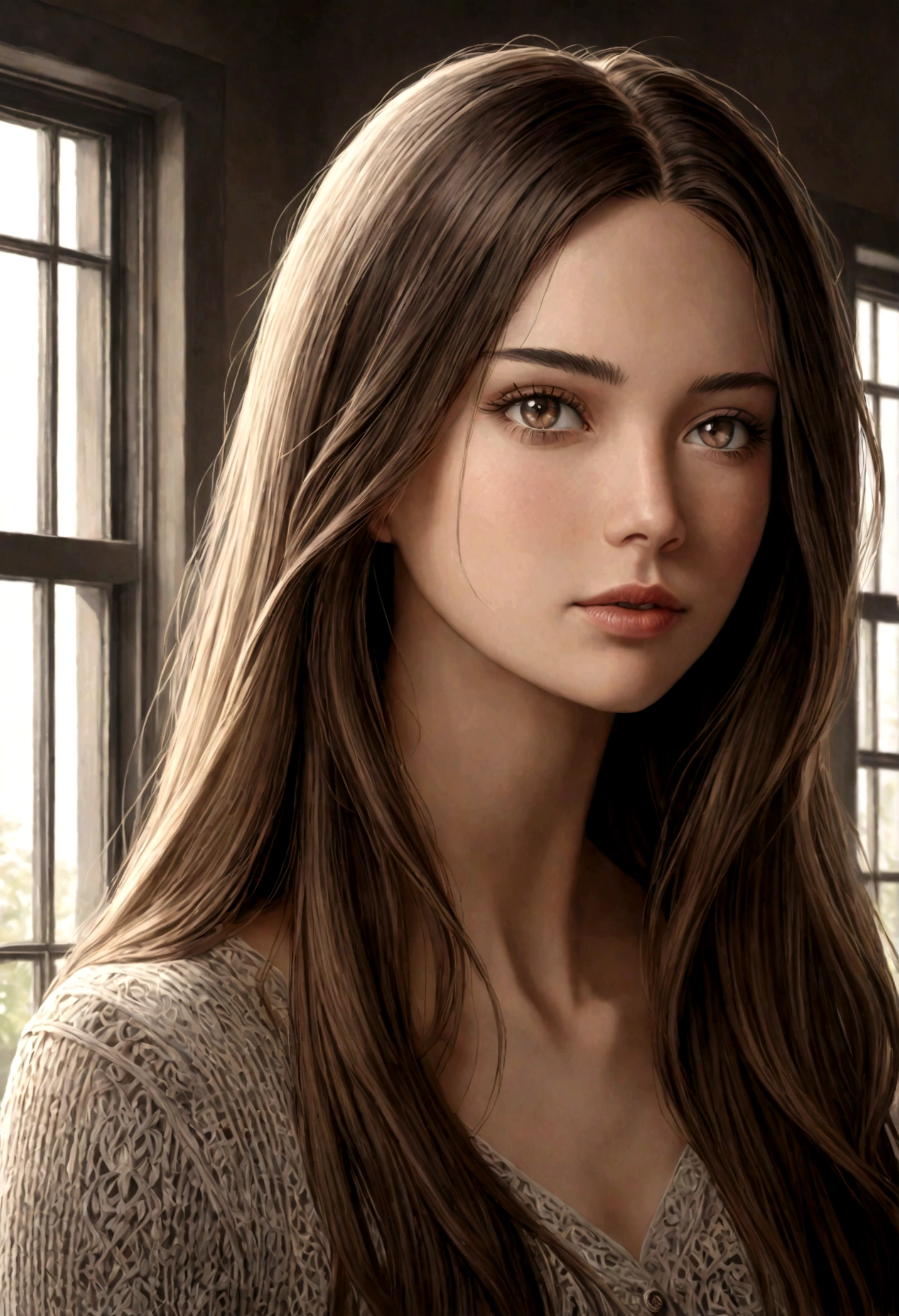 A beautiful woman with long hair, photorealistic, soft natural light from the window, in the style of natural light portraits,