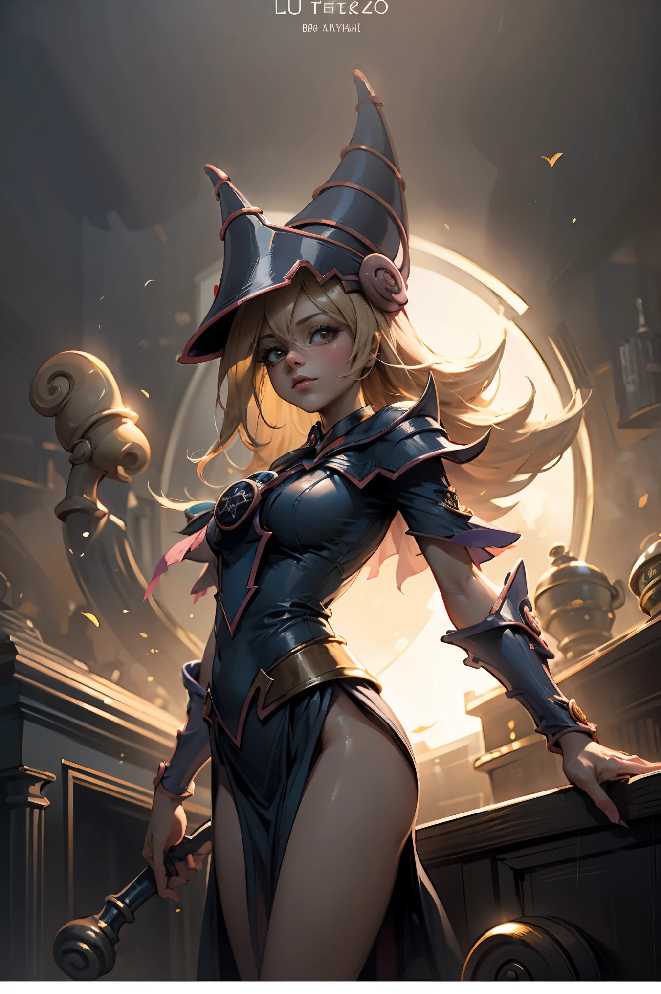 (Obra maestra:1.2), (La mejor calidad:1.2), perfect lighting, Chica Maga Oscura lanzando un hechizo, En sus veinte, flotando en el aire, tetas grandes, escote, bata azul, sombrero grande, desde arriba, Destellos, Yugioh juego, magic of the heart. luces del corazon, Romantic heart