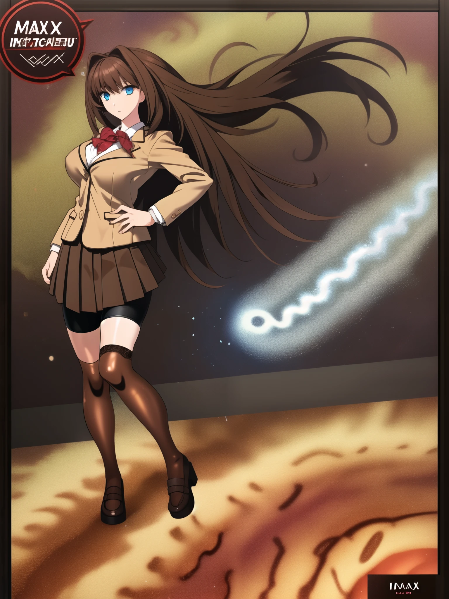 BREAK, blank background, white background, (EMPTY BACKGROUND), BREAK (masterpiece:1.2), best quality, high resolution, 8k, illustration, (beautiful detailed eyes:1.6), extremely detailed face, extremely detailed, CG, perfect hands, perfect anatomy, (((1girl))), (((solo))), (((bbaoko:1)), (((2 legs max:1.7))), (((2 feet max:1.6))), ((swirling vortex shaped longest brown hair:1.5)), (brown longest hair with slightly reddish undertone:1.6), (lush luscious longest brown hair:1.6), (very long voluminous longest brown hair:1.5), serious, blue eyes, red bowtie, (Form-fitting beige blazer:1.5), brown jacket, (highly detailed beautiful face:1.2), (white shirt:1), (well shaped large breasts:1.6), (nice hips:1), (((Umber pleated thigh-high skirt:1.6))), (((black bike shorts:1.4))), (2 nice visible thighs:1.6), (black thighhighs:1.5), (strap shoes brown color), (facing front:1.5), ((standing straight:1.5)), ((Fullbody in frame:1.6)), ((Full body:1.5))