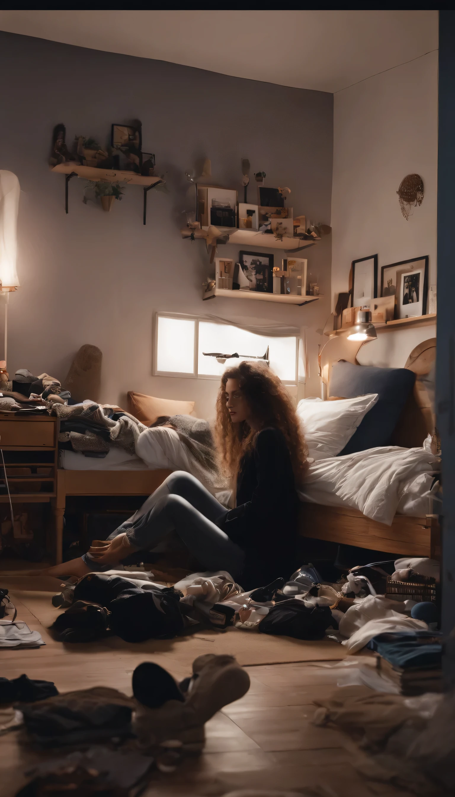 let&#39;s create an image of a girl that is not thin, she is goth wearing a white shirt and short black jeans she is lying on the bed listening to music her hair is long and blue she is lying on the bed very comfortable the environment is her very messy room where you can see the bed in profile the teenager lying down listening to music and the wall of her room made of black bricks also a chest of drawers full of messy things like open drawers with hanging clothes falling out, on top of the dresser, a lamp and messy things like makeup items, music tapes, her room has shoes lying around, socks, clothes and there is a window where you can see buildings with small windows lit because it is night, create this very realistic and detailed image.