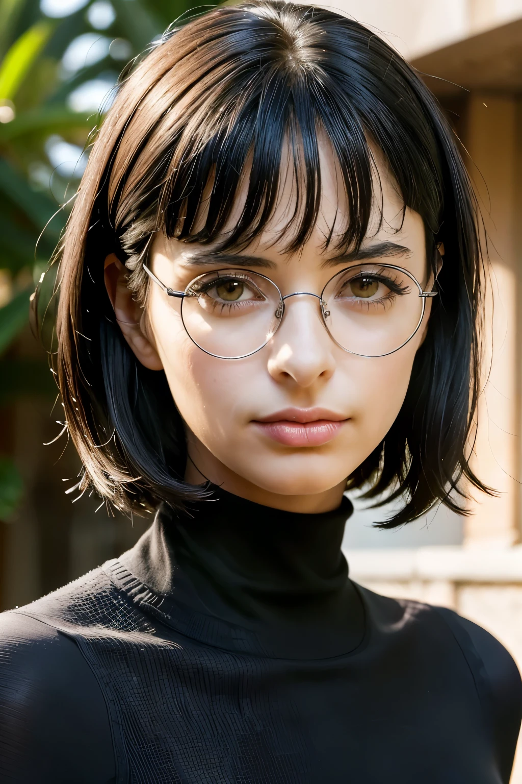 (photo of the face, close-up on the face)(16 year old woman), (black hair, short hair, bangs, hair down to the shoulders) ((round glasses on the face))(white skin) western face, dark circles, sad face and tired and droopy, pimples on face, thin nose, ((best quality)), ((ultra resolution) ), ((Photorealistic: 1.4)), (complex details), (clothes: black top), thin waist.