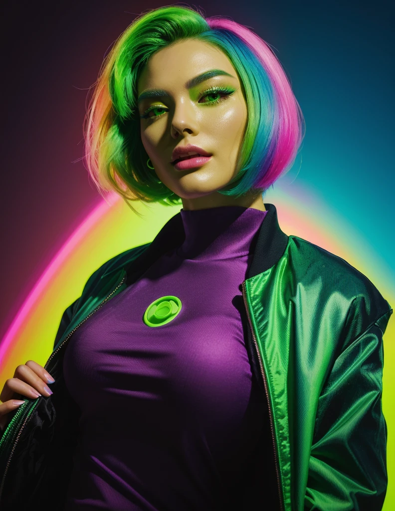 a close up of a woman with a bright green jacket, inspired by Russell Dongjun Lu, jen bartel, vibrant fan art, neon version of style jim burns, neon noir, by Galen Dara, kilian eng vibrant colours, with a blue background, kilian eng vibrant colors, by Pedro Pedraja, cmyk portrait, by Shinoda Toko